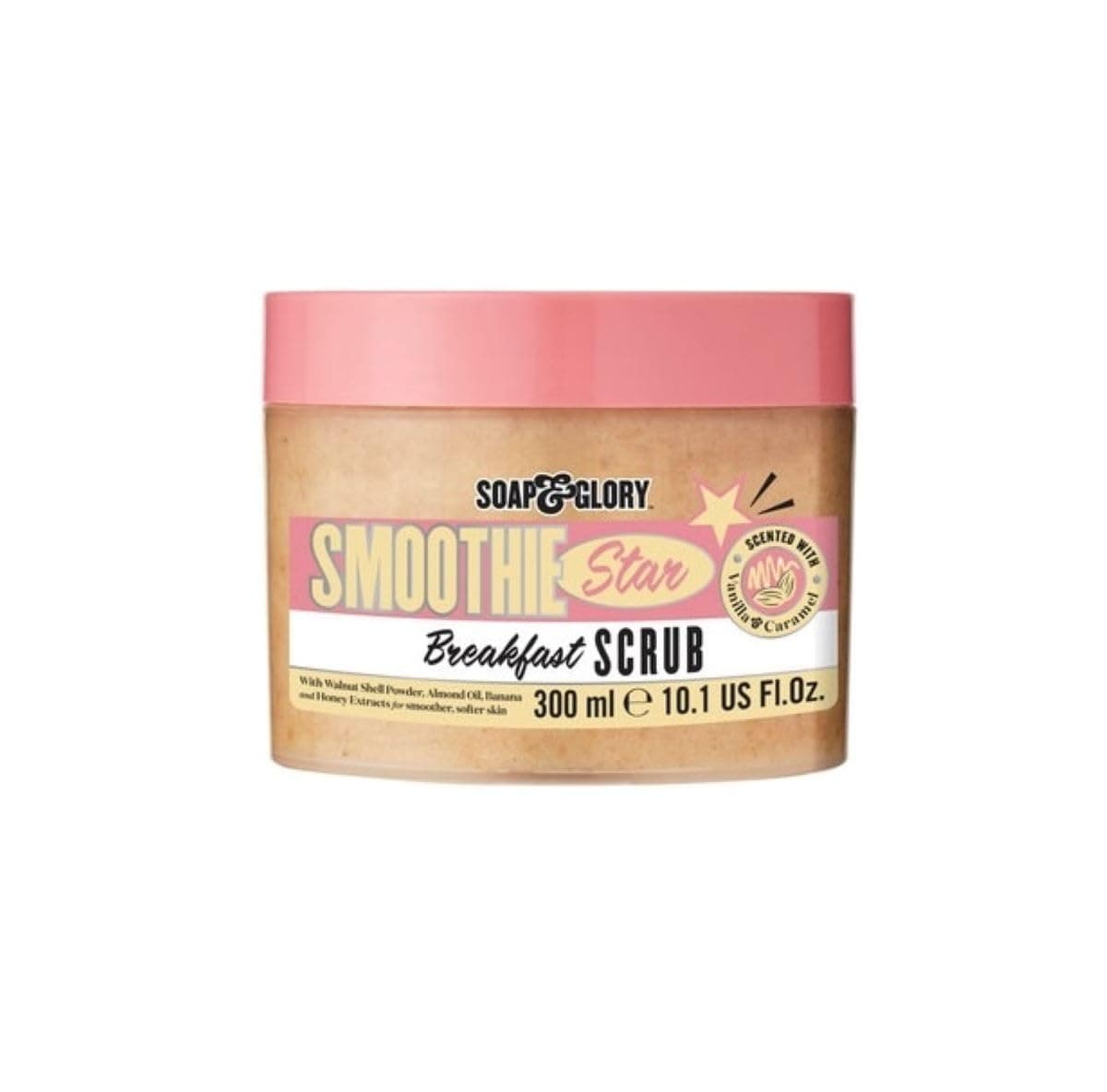 Soap & Glory Smoothie Star Exfoliating Body Scrub - Buff & Smooth Skin - Almond & Caramel Scented Vegan Body Polish - Brightening Scrub with Honey Extract + Sweet Almond Oil (300ml)