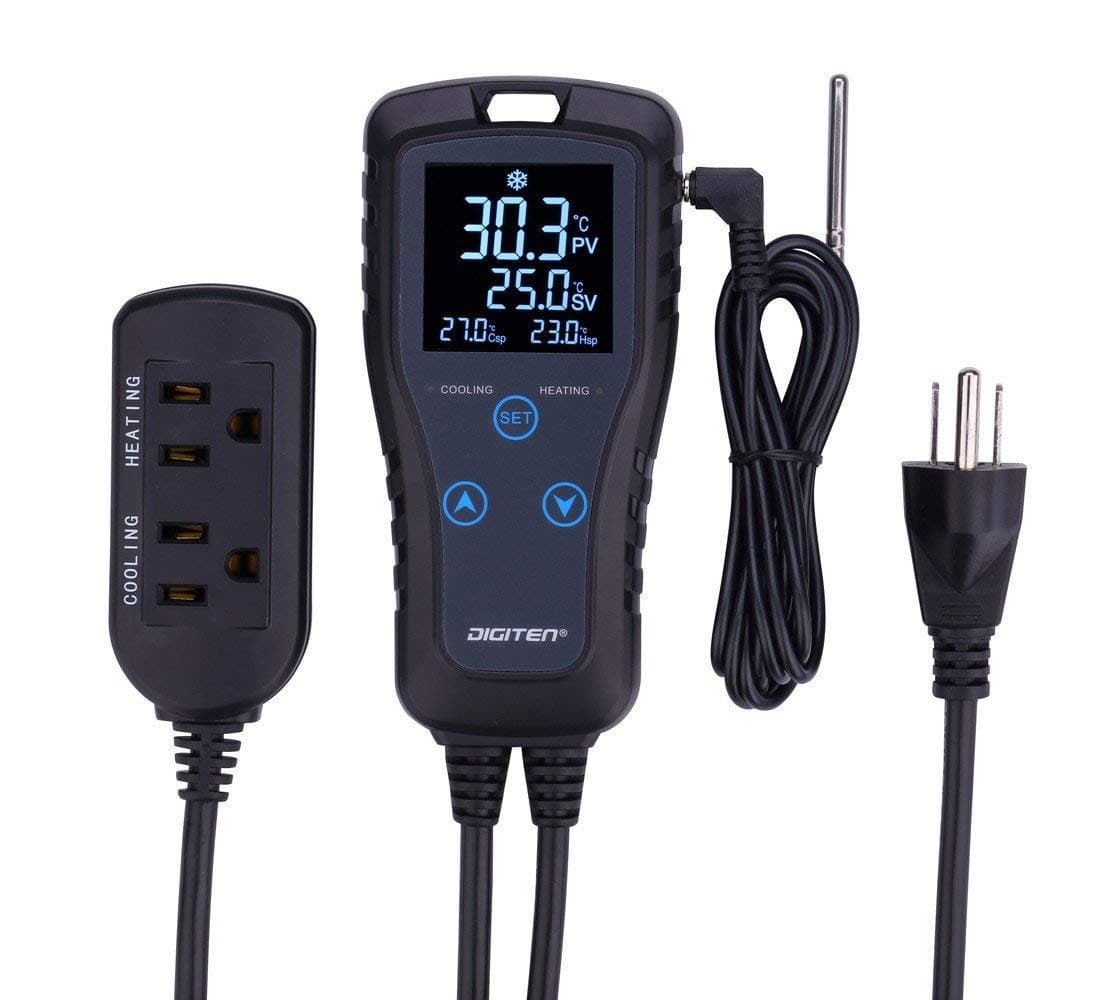 DIGITEN DTC102 Digital Programmable Thermostat Outlet 2-Stage Plug-in Thermometer Pre-Wired Heating & Cooling Temperature Controller for Fermentation Seed Germination Reptiles Brewing Greenhouse