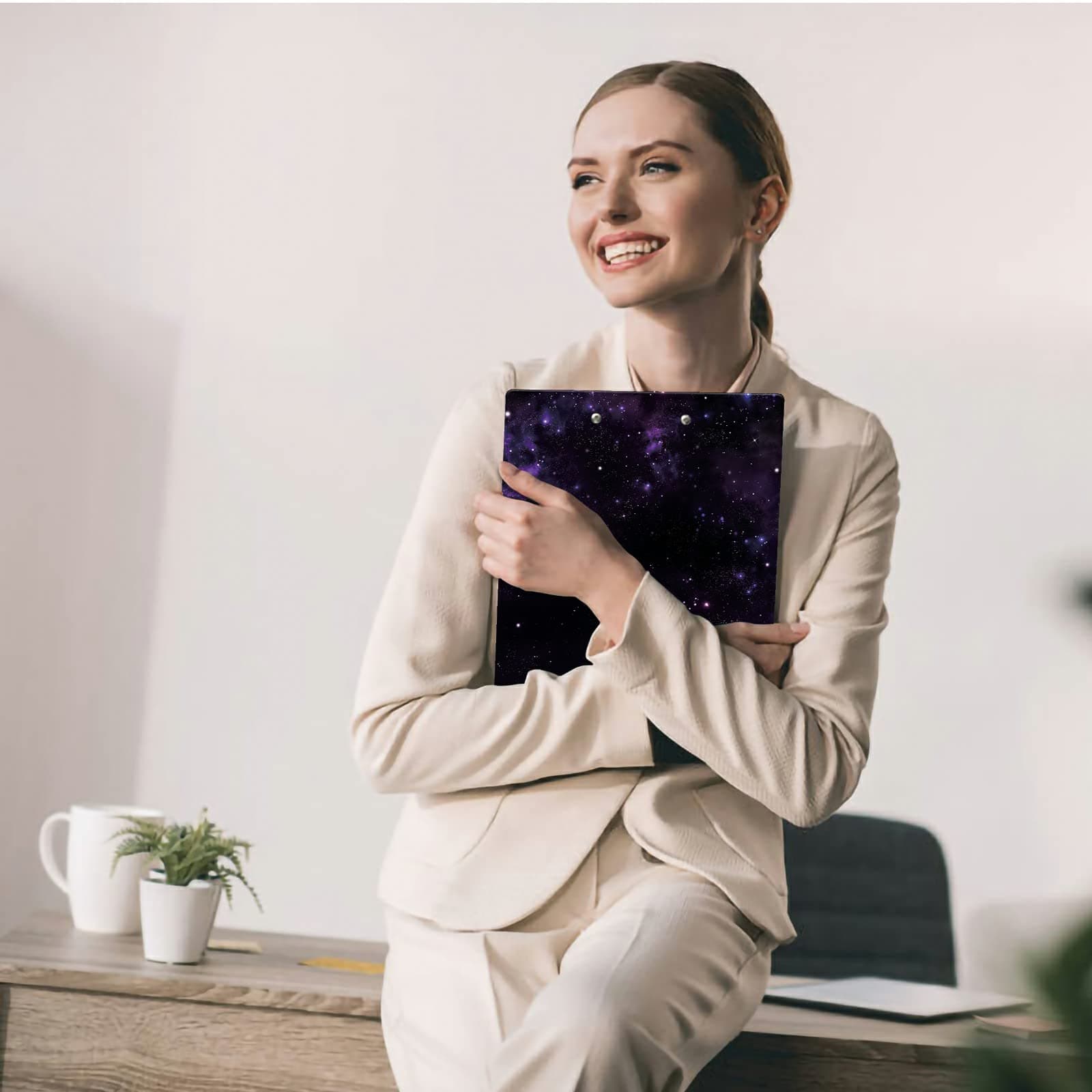 A4 Size Clipboard with Hanging Hook and Low Profile Clip, Plastic Nurse Clipboard Writing Drawing Board with Double-Sided Print for Office School Use, Purple Galaxy