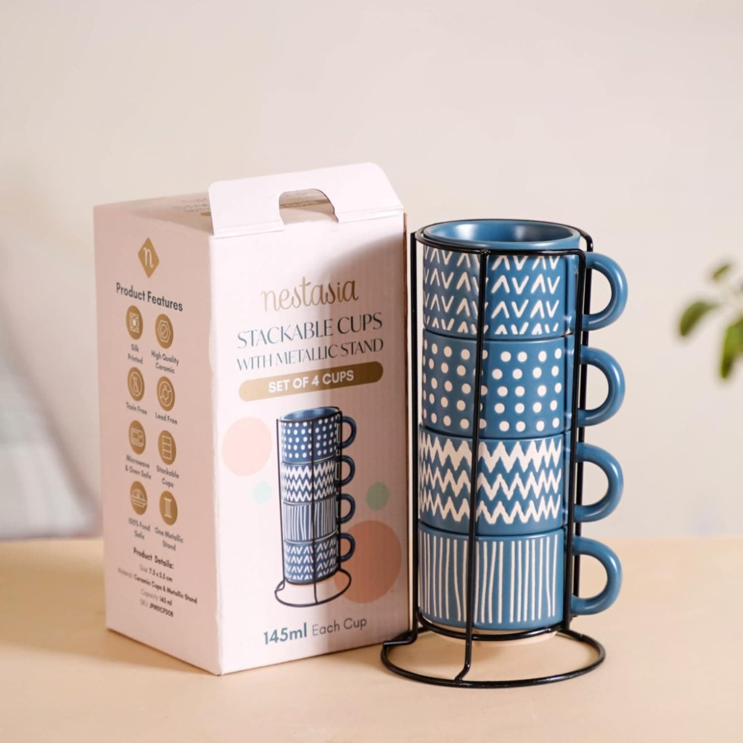 - Stackable Ceramic Cups Set of 4 (100 ml) | Microwave & Dishwasher Safe Tea & Coffee Cups with Glossy Finish | Ideal for Gifting (Printed Blue with Stand)