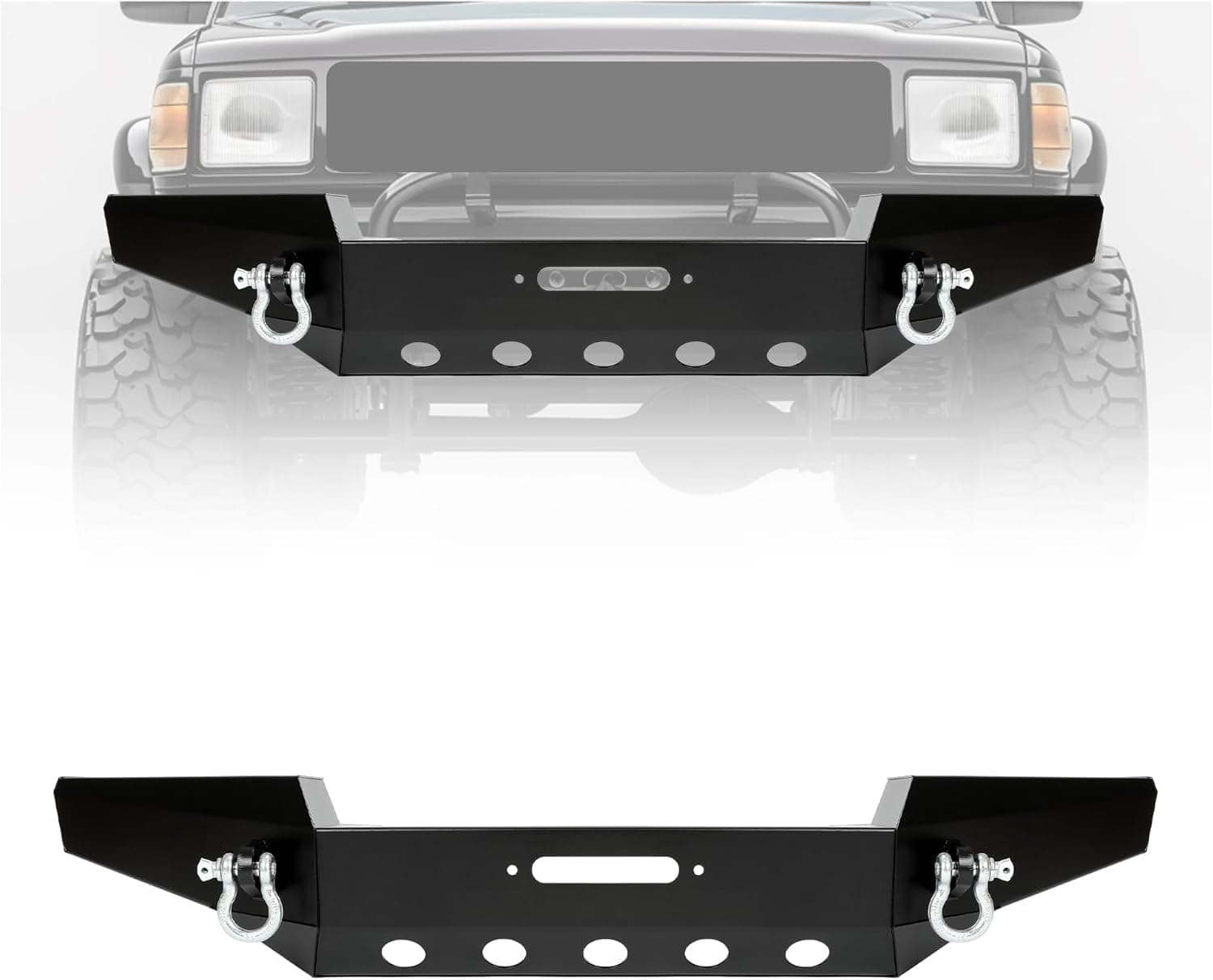 KUAFU Front Bumper Compatible with 1999 2000 2001 2002 2003 2004 Jeep Grand Cherokee WJ W/Winch Plate & D-rings Textured Black Steel Powder Coated