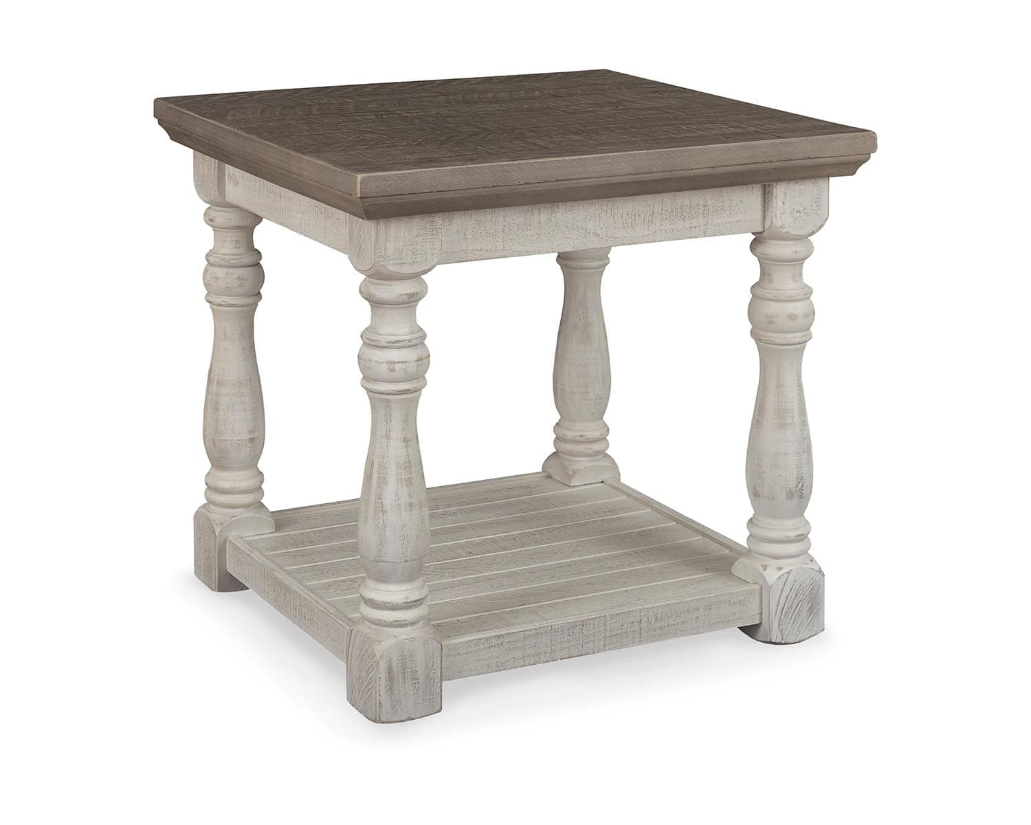 Signature Design by Ashley Havalance Farmhouse Rectangular End Table, Floor Shelf, Wood, 26" W x 24.13" D x 24" H, Vintage Gray & White with Weathered Finish