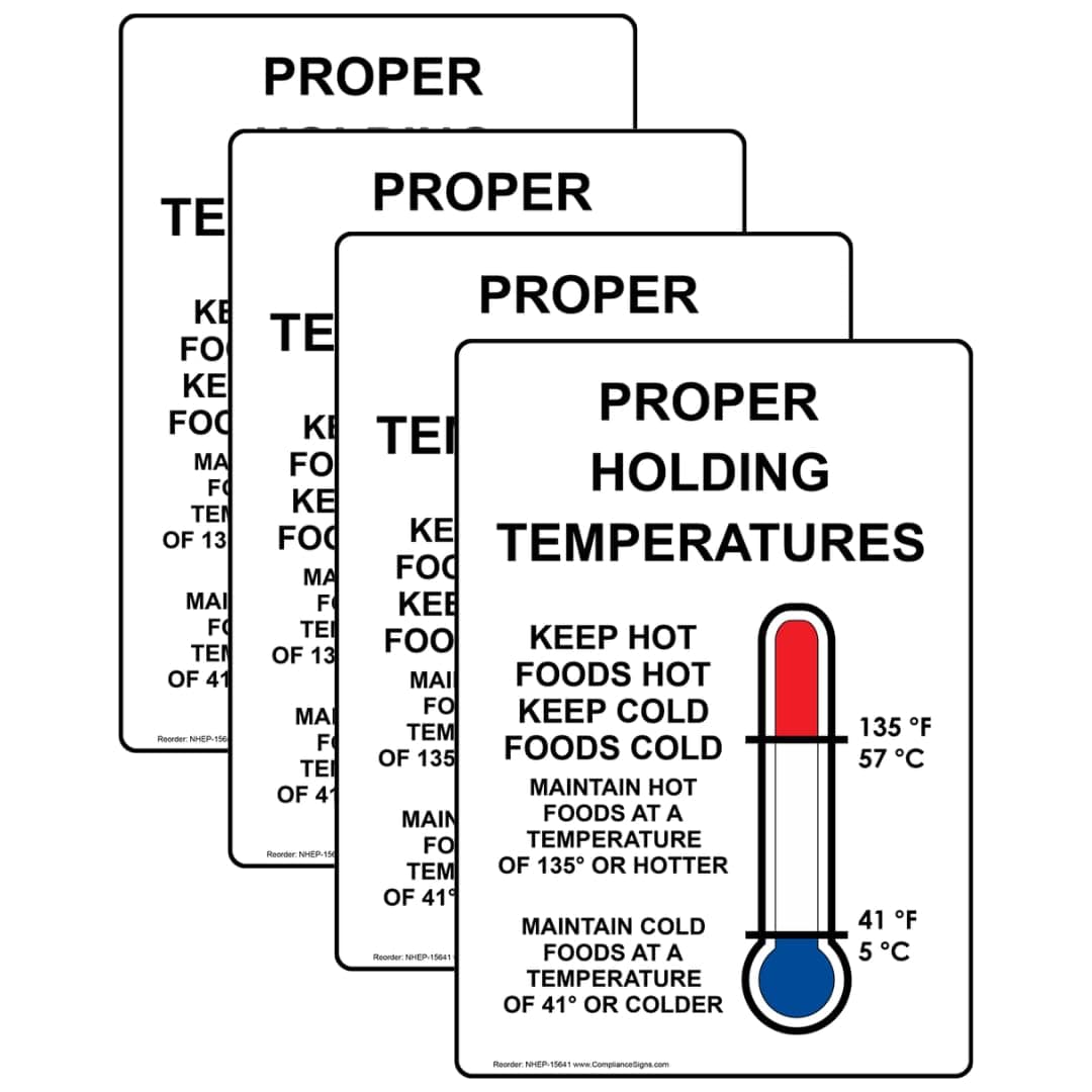 ComplianceSigns.com Vertical Proper Holding Temperatures Label Decal with Symbol, 5x3.5 in. 4-Pack Vinyl for Safe Food Handling, American Made Safety Signs for The Workplace