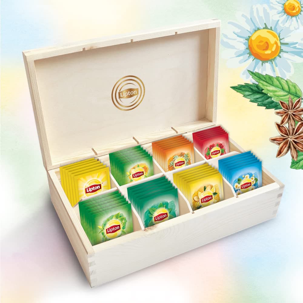 Lipton Assorted Tea Wooden Box, Premium Gift, 48 Envelope Teabags