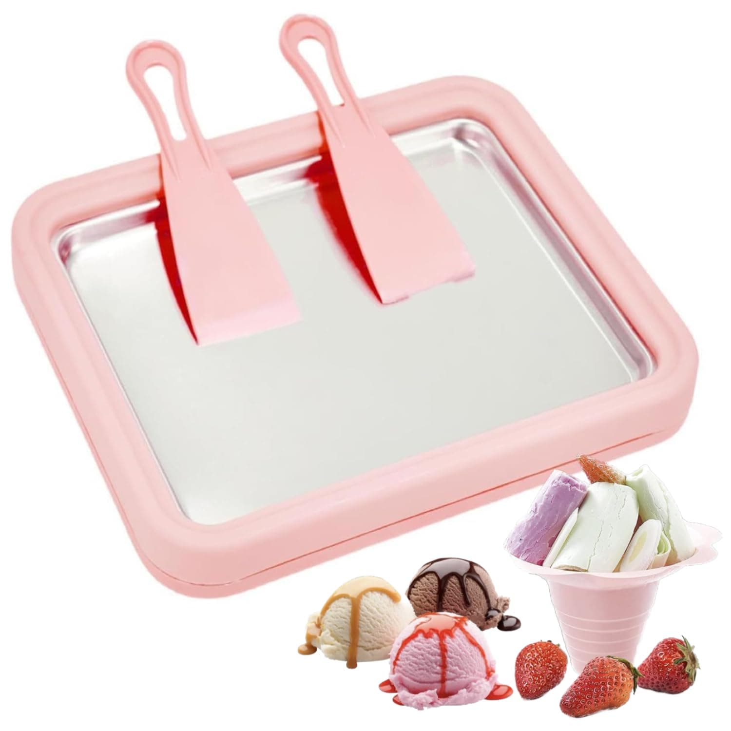 Wtrtr Big Ice Cream Roller Maker,Ice Cream Roll Dessert at Home,Ice Plate Ice Cream Roller Plate Anti-Griddle Pan with 2 Spatulas Easy Homemade Rolled Ice Cream, Frozen Treat Maker (Big Pink)