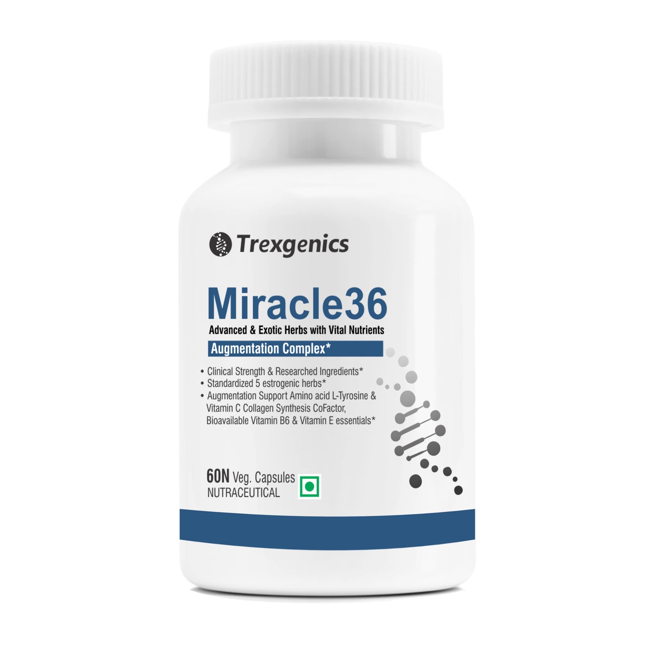 Trexgenics MIRACLE36 Advanced formula 750mg with 5 Standardized Estrogenic herbs + Amino acid Tyrosine & Vitamin essentials Vitamin C, E & Active B6 P5P (Pack of 60 Veg. Capsules)