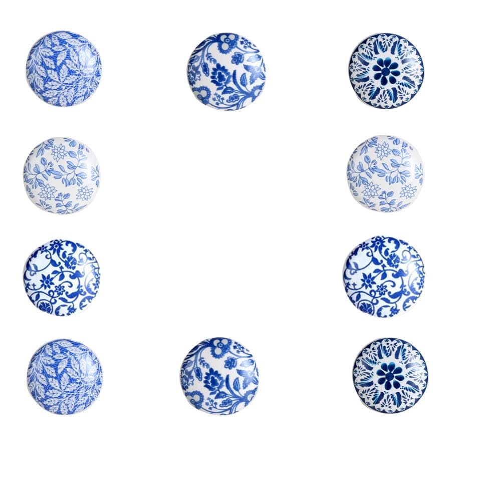 Set of 10 Blue Round Ceramic Drawer Knobs - Hand Made Glossy Decorative Vintage Knobs - for Home, Kitchen, Cupboard, Glass, Door Knobs, Dresser, Closet, Wardrobe and Drawer Pulls