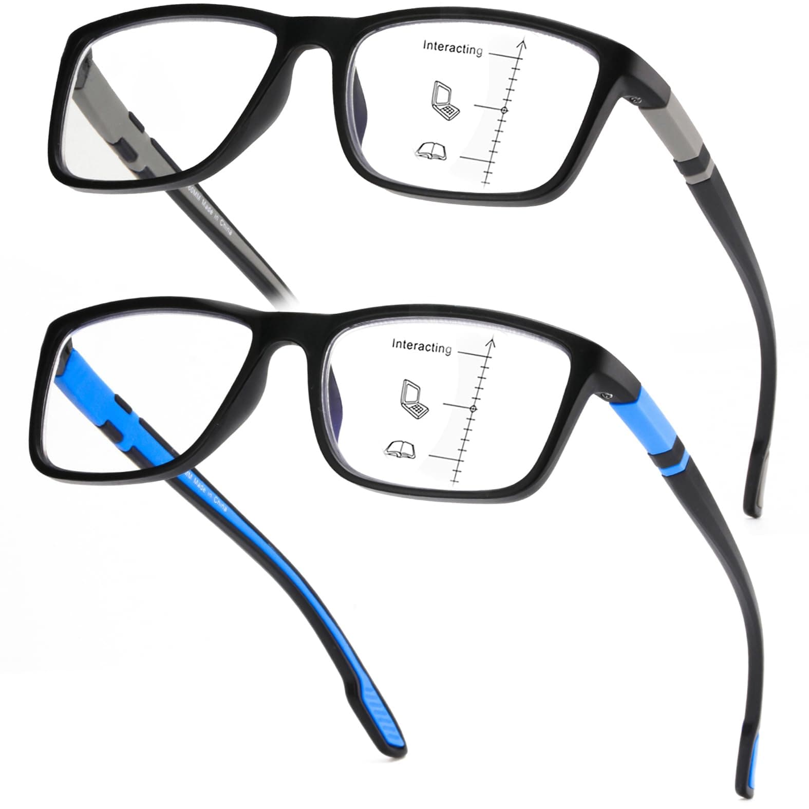 Missfive 2 Pack Mens +2.0 Multifocus Progressive Reading Glasses, Lightweight Non-Slip TR90 Frame Multifocal Readers Anti-Blue/UV/Eyestrain Eyewear for Near-Range Workspace