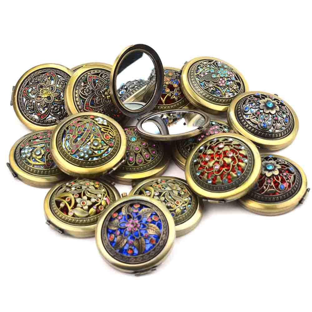 Random Style 2PCS Vanity Mirrors, Purse Handbag Double Compact Cosmetic Makeup Round Pocket Magnification Jewel Mirror Crystal Stainless