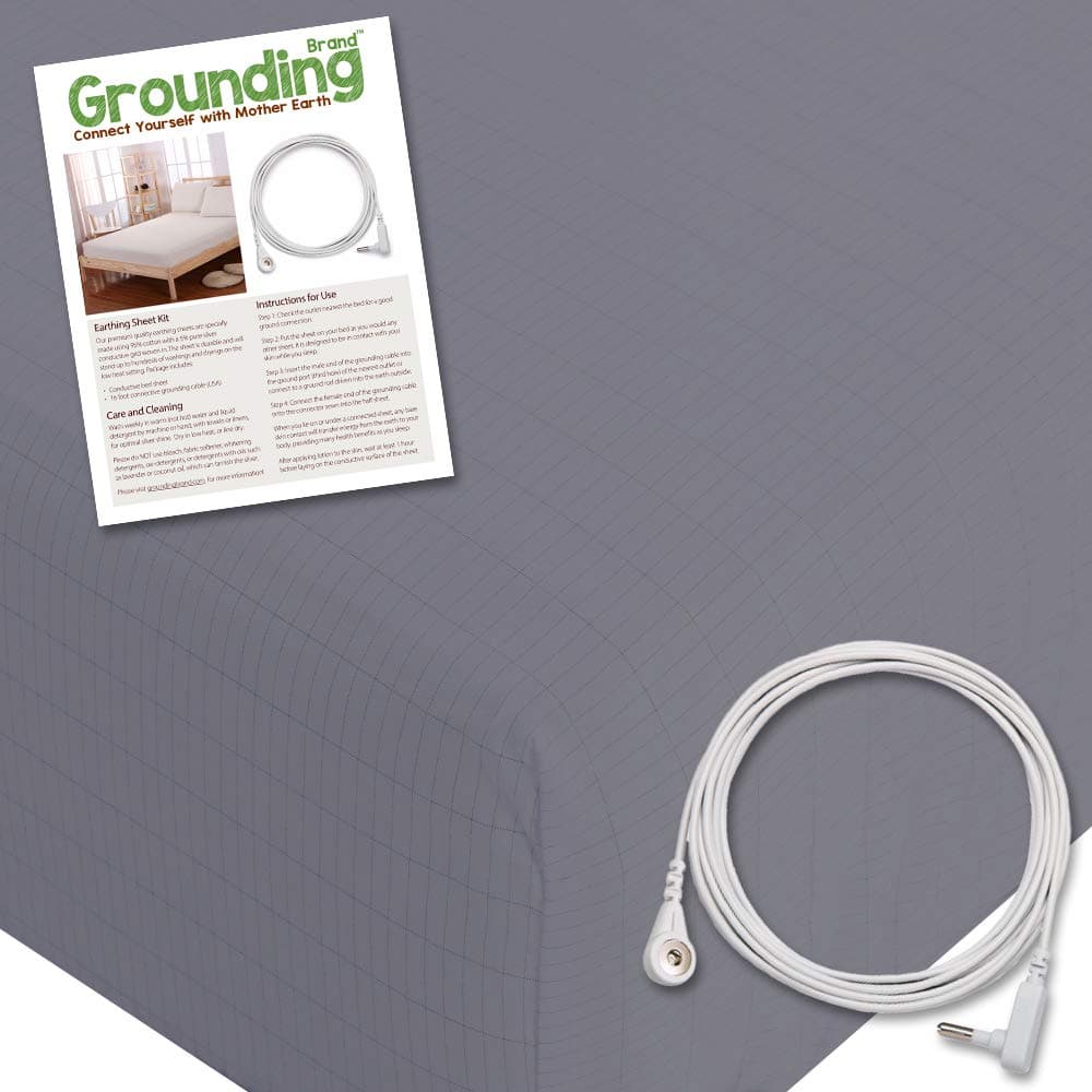 Grounding Brand Fitted Queen Size Sheet with Earth Connection Cable, 400TC Conductive Mat with Pure Silver Thread for Better Sleep and Healthy Earth Energy, Rich Grey
