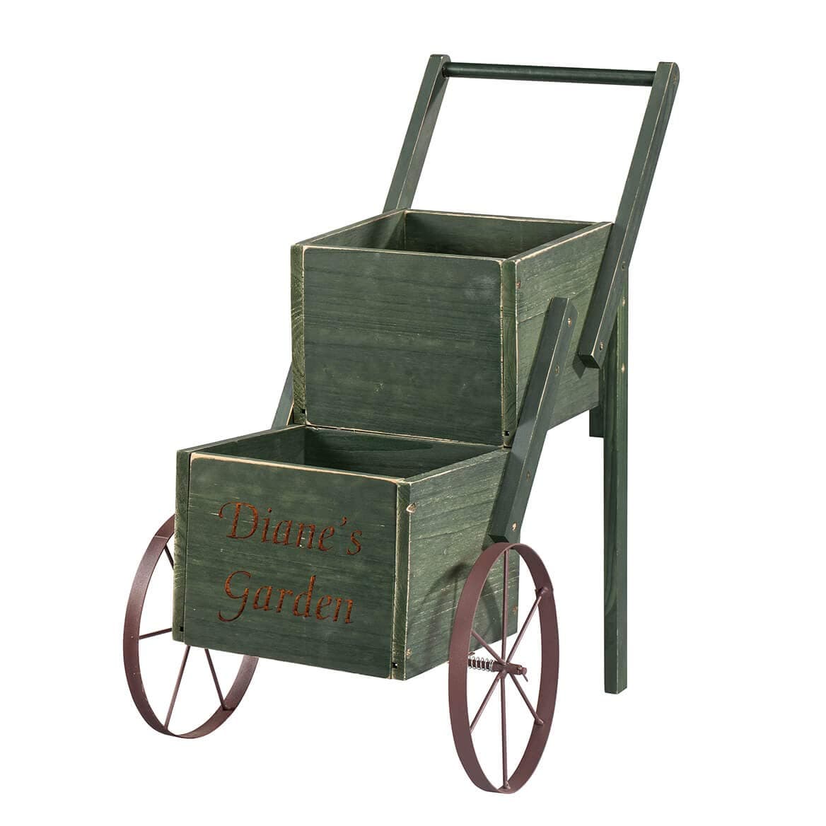 Fox Valley Traders Personalized 2-Tier Garden Trolley Cart, Solid Wood, Metal Hardware, Indoor/Outdoor, Rustic Multi-Use Plant Holder, Green, Measures 15 3/4" L x 11 1/4" W x 21" H