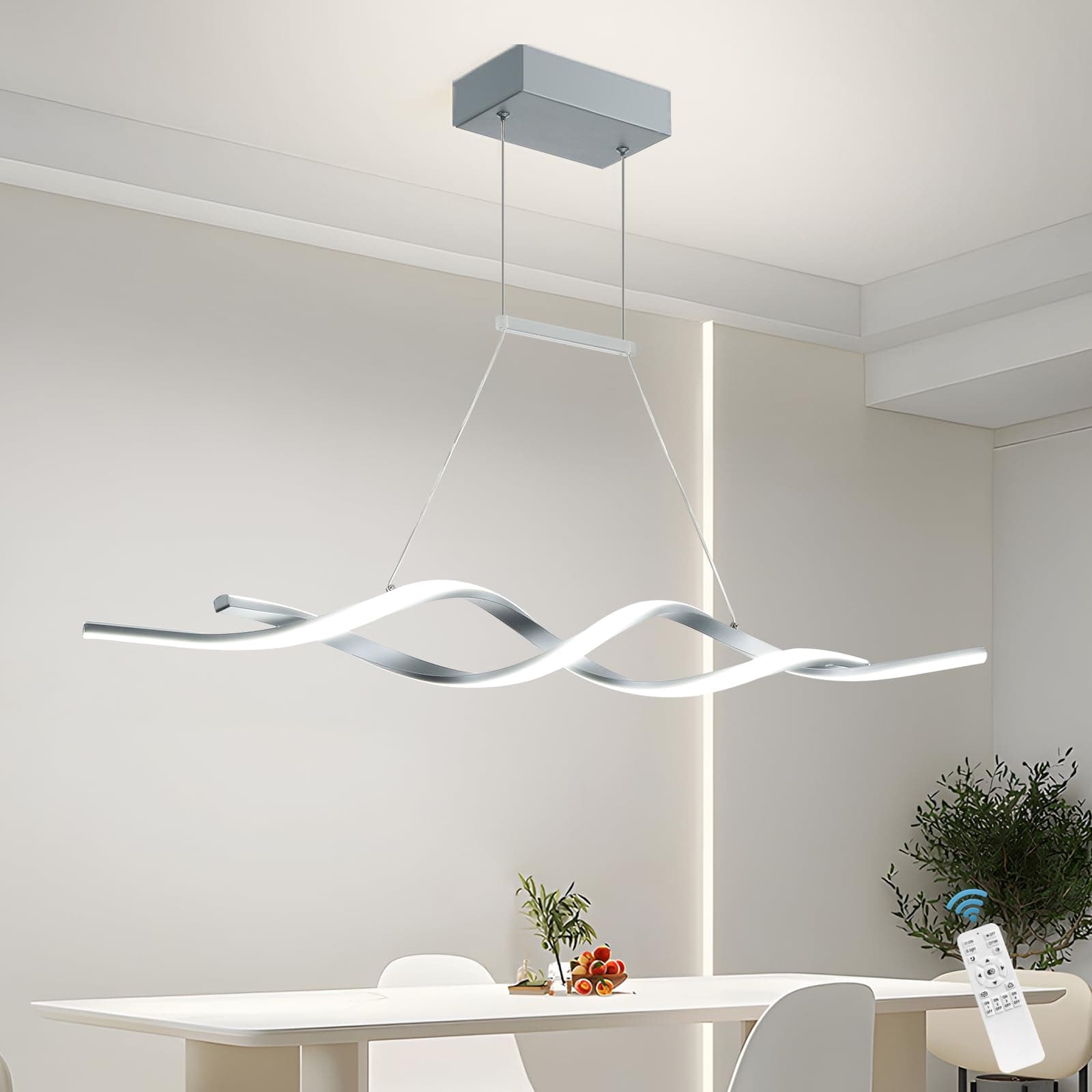 Jaycomey Modern Pendant Light Dimmable LED Chandelier with Remote Control Wave Shape Chandelier Lighting Chandeliers for Dining Rooms Kitchen Island Restaurant Living Room 3000-6000K 28W Grey