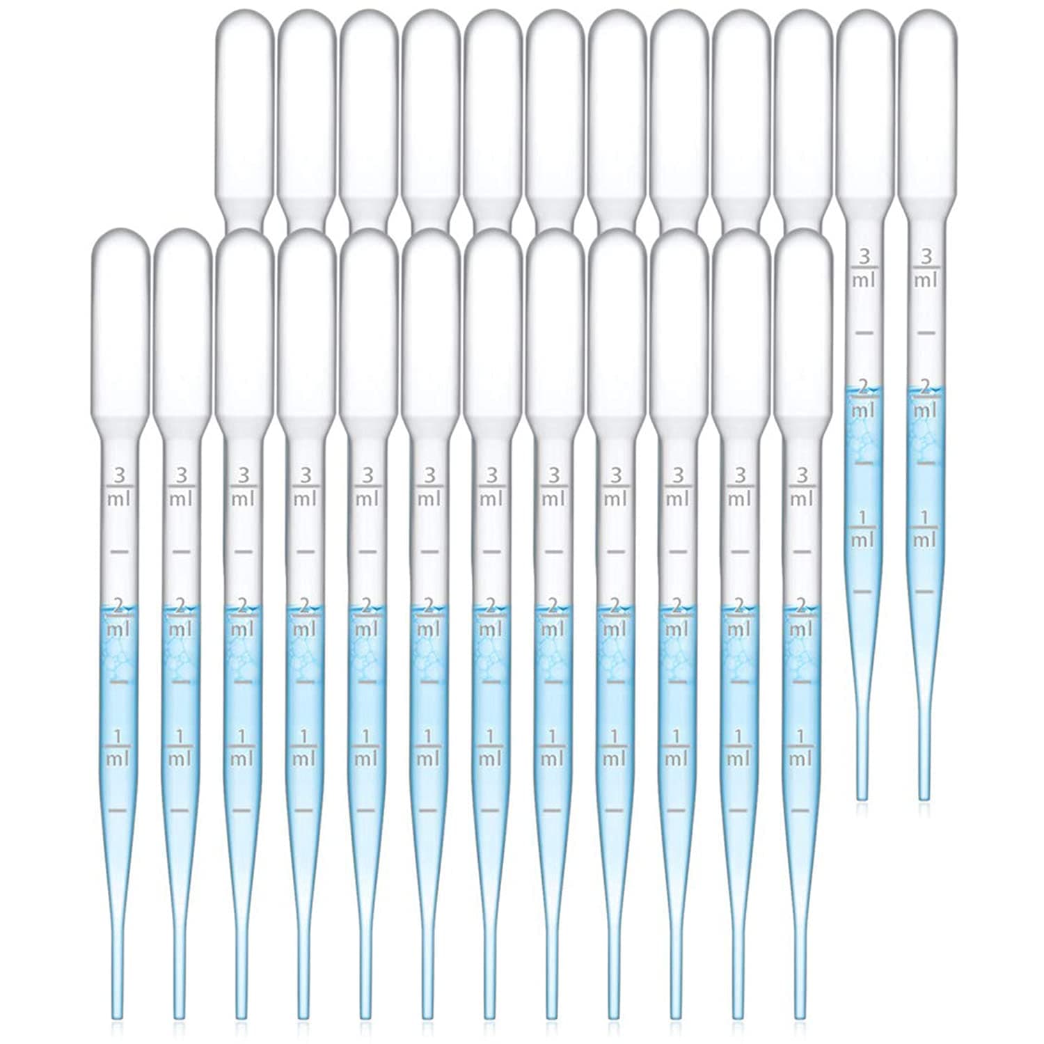 DELFINO 100PCS 3ML Pipettes, Disposable Pasteur Pipette, Eye Dropper, Plastic Liquid Droppers for Essential Oils, Graduated 3ml, Dispensing, Measuring, Watering, Interval 0.5ml, Clear