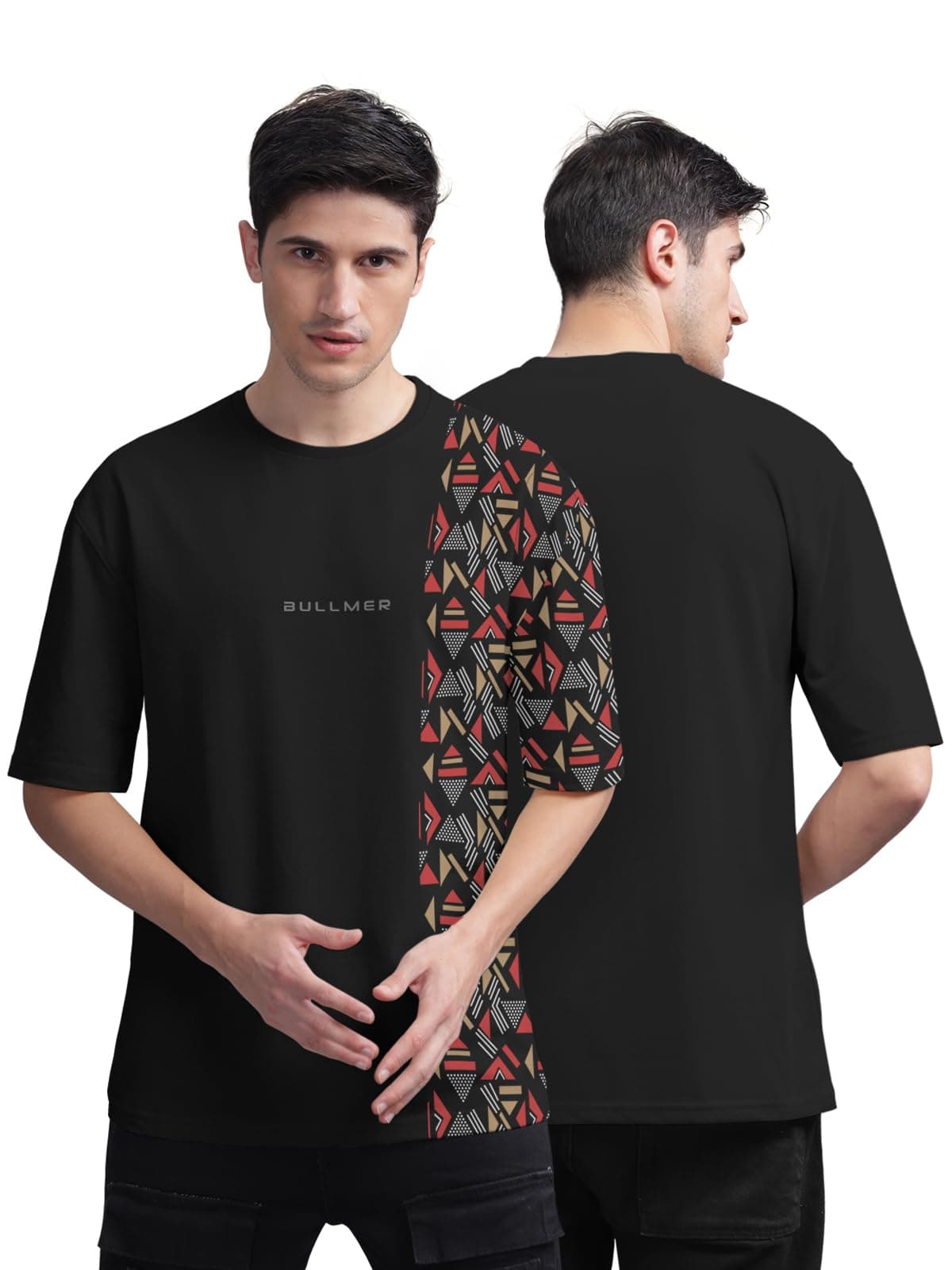 - Beige Front and Back Printed/Colourblock Baggy/Oversized Tshirt for Men