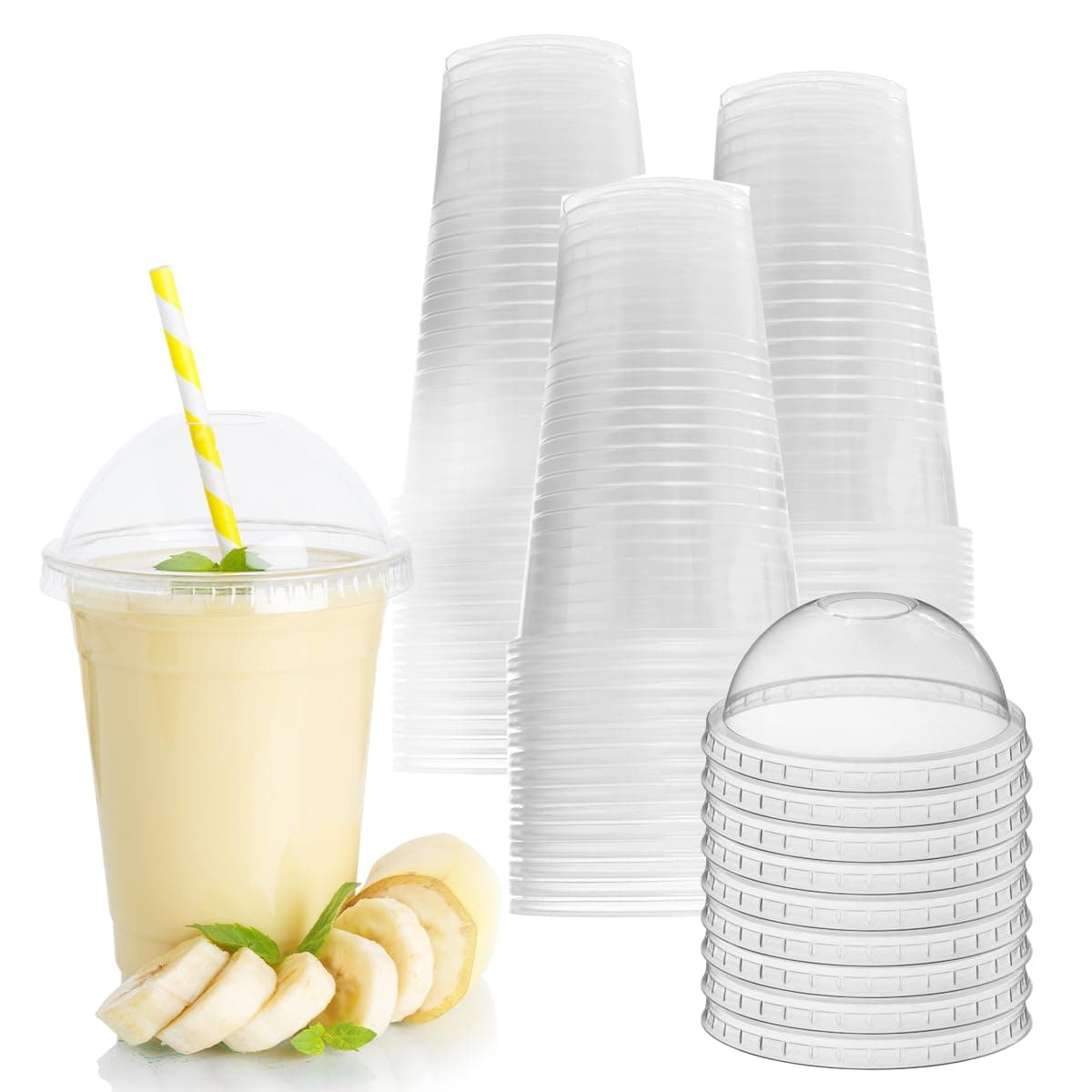 Plastic Smoothie Cups with Dome Lids - 16 OZ (Pack of 50) - Strong Clear Plastic Cups for Milkshakes, Smoothies, Iced Coffee, Slusly and Bubble Tea - 100% Reusable Cups