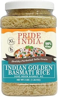 Pride Of India - Extra Long Indian Golden Basmati Rice - Healthy Parboiled Sella Grain, 3.30 Pound (1.5 Kilo) Jar (2.2 Pounds + 50% Extra Free = 3.3 Pounds Total)