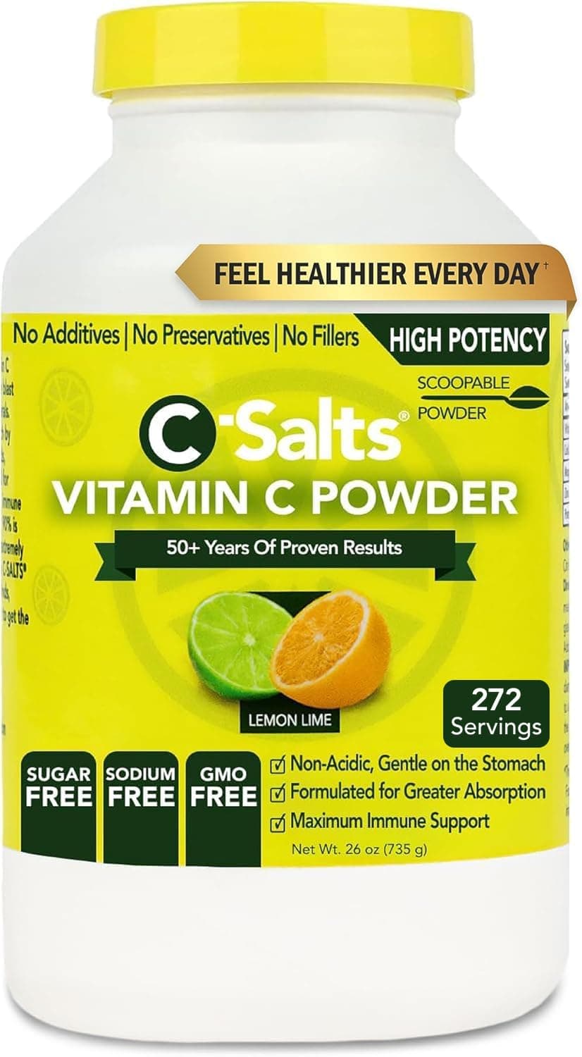 C-Salts Vitamin C Powder - 100% Pure Buffered Ascorbic Acid Powder for Daily Immune Support & Collagen Production - Stomach-Friendly Organic Vegan Non-GMO Sugar-Free - 272 Servings - Lemon Lime, 26oz