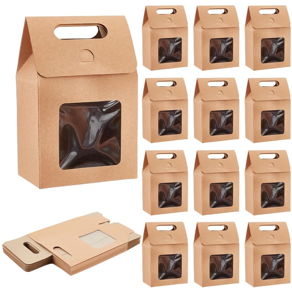 PH PandaHall 24pcs Goodies Boxes Small Gift Boxes Gable Candy Treat Box Kraft Paper Box with Clear Windows for Bread Donuts Cookie Chocolate Birthday Wedding Valentine (2.3x3.9x3.7 inch)