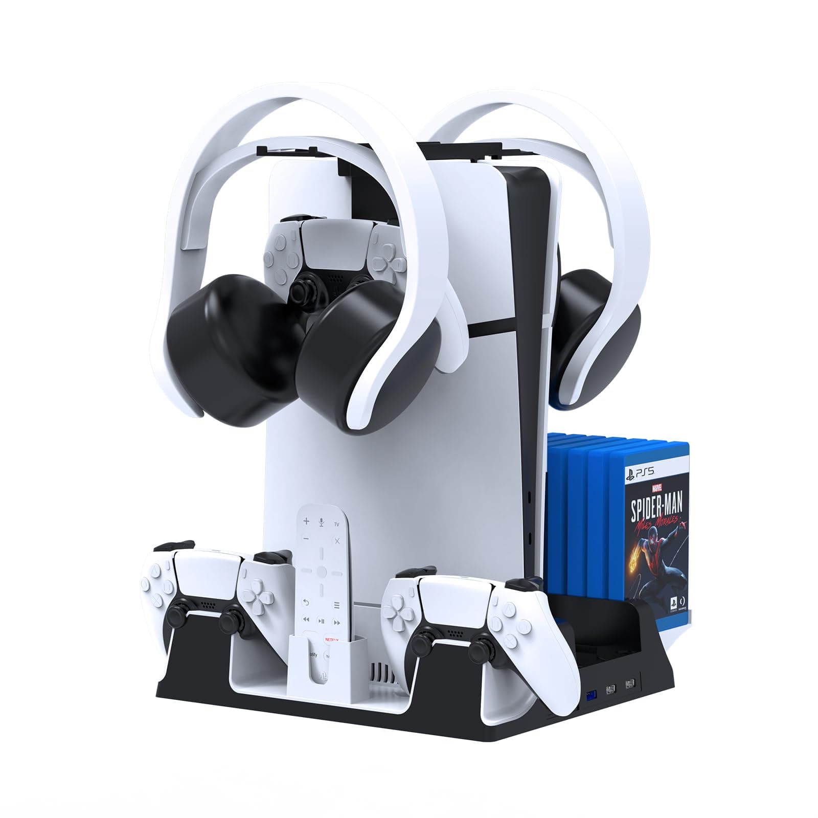 Vertical Stand for Playstation 5/PS5 Slim,PS5 Dual Controller Charger Station with Cooling Fan and Headset Hooker,14 Game Rack Storage, Media Remote Organizer