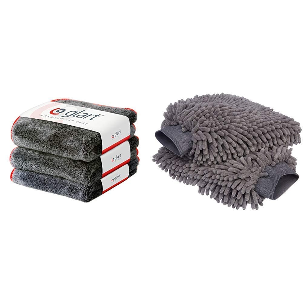 Glart 443TP 3 Super Absorbent Microfibre Thick Plush Cloths 40 x 40 cm, Car Wash, Cleaning and Drying & Amazon Basics Deluxe Microfiber Car Wash Mitt (2 Pack)