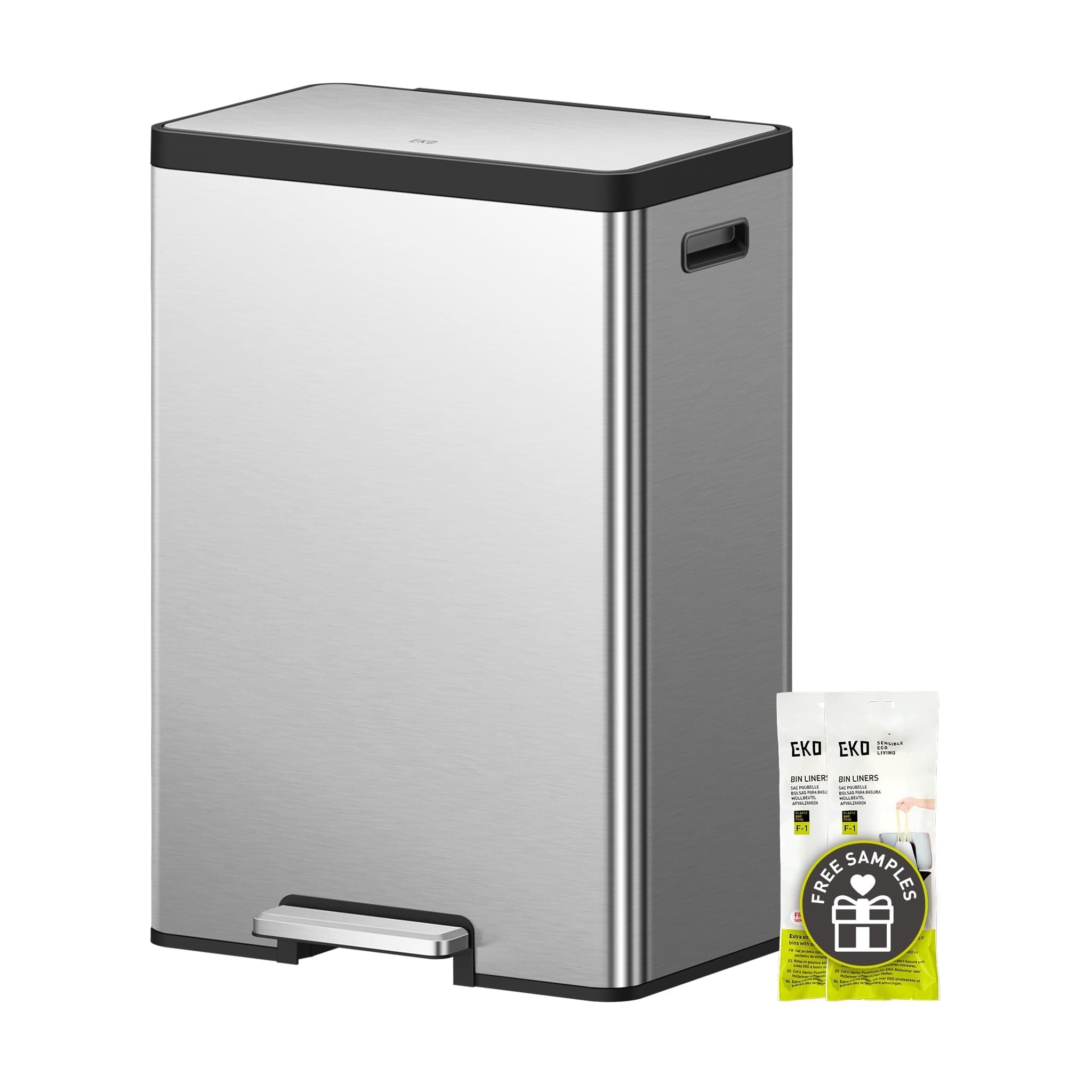 EKO EcoCasa II Dual Compartment Rectangular Kitchen Step Trash Can Recycler, (20L+20L), Brushed Stainless Steel Finish (EK9138MT-20L+20L)
