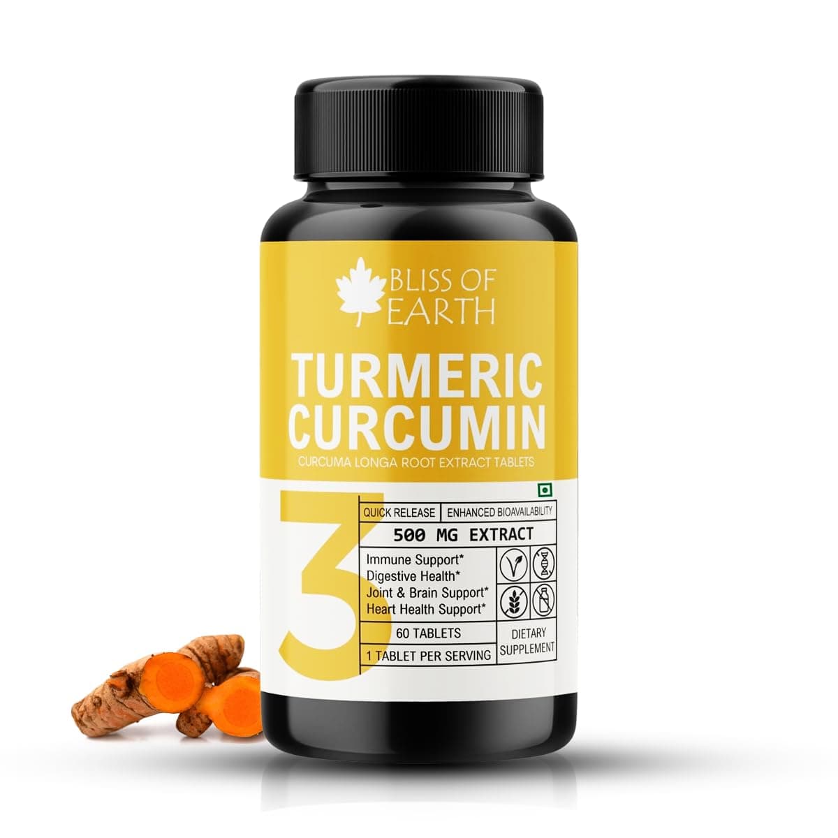 Bliss of Earth Turmeric Curcumin Tablets, 95% Curcuminoids, 500 mg Extract (Equivalent to 3700 mg Root Powder) High Potency, Quick Release & Enhanced Bioavailability., 60 Tablets