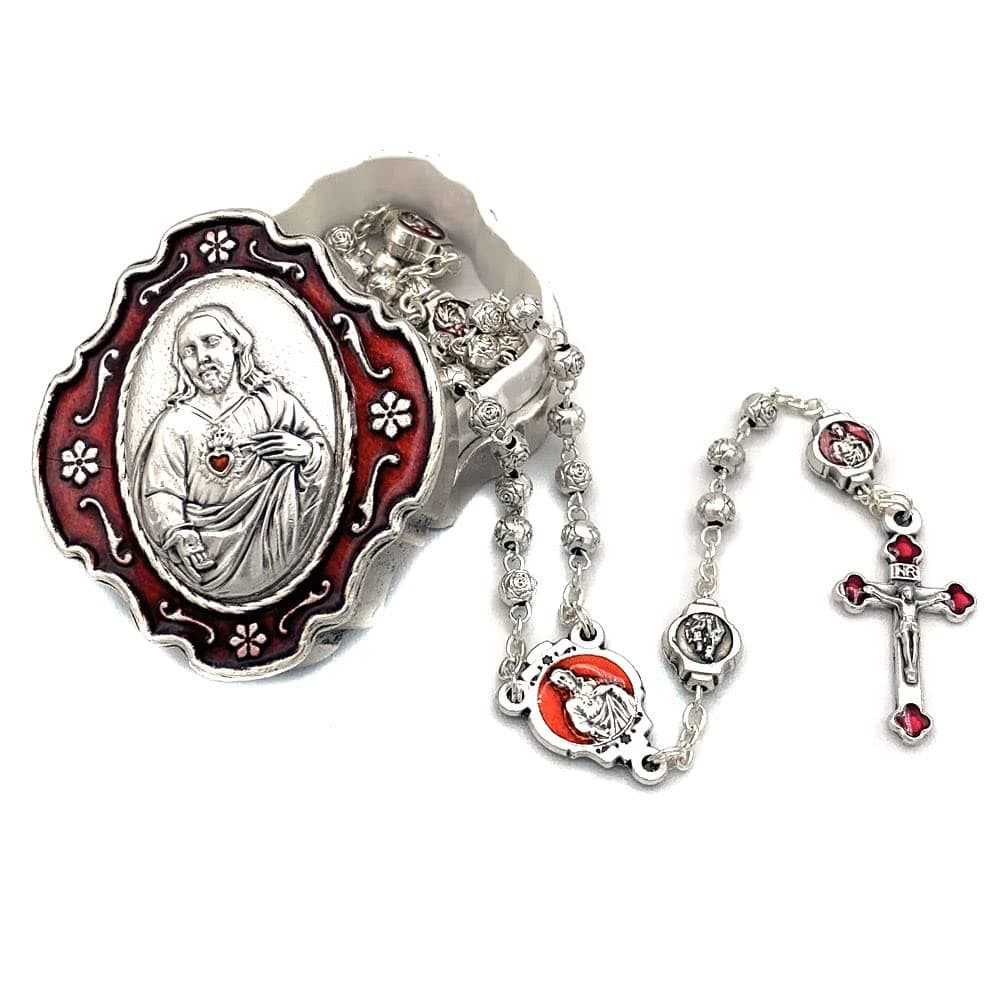 Catholic Rosary Beads with Metal Keepsake Gift Box Set