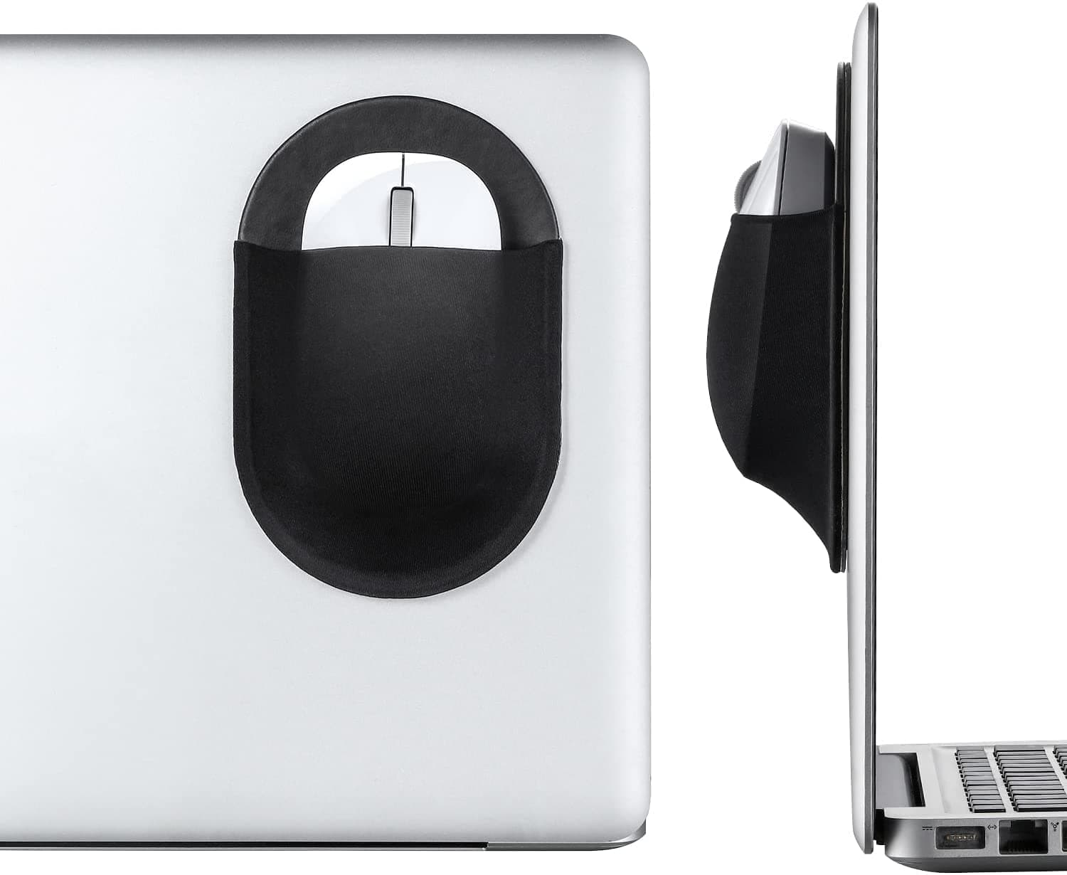 Epessa Universal Stick-On Mouse Pouch, Holder for Wireless Mouse, Sleeve for Laptop, Reusable Adhesive, No Glue Residue, Compatible with iPad or MacBook (Black)