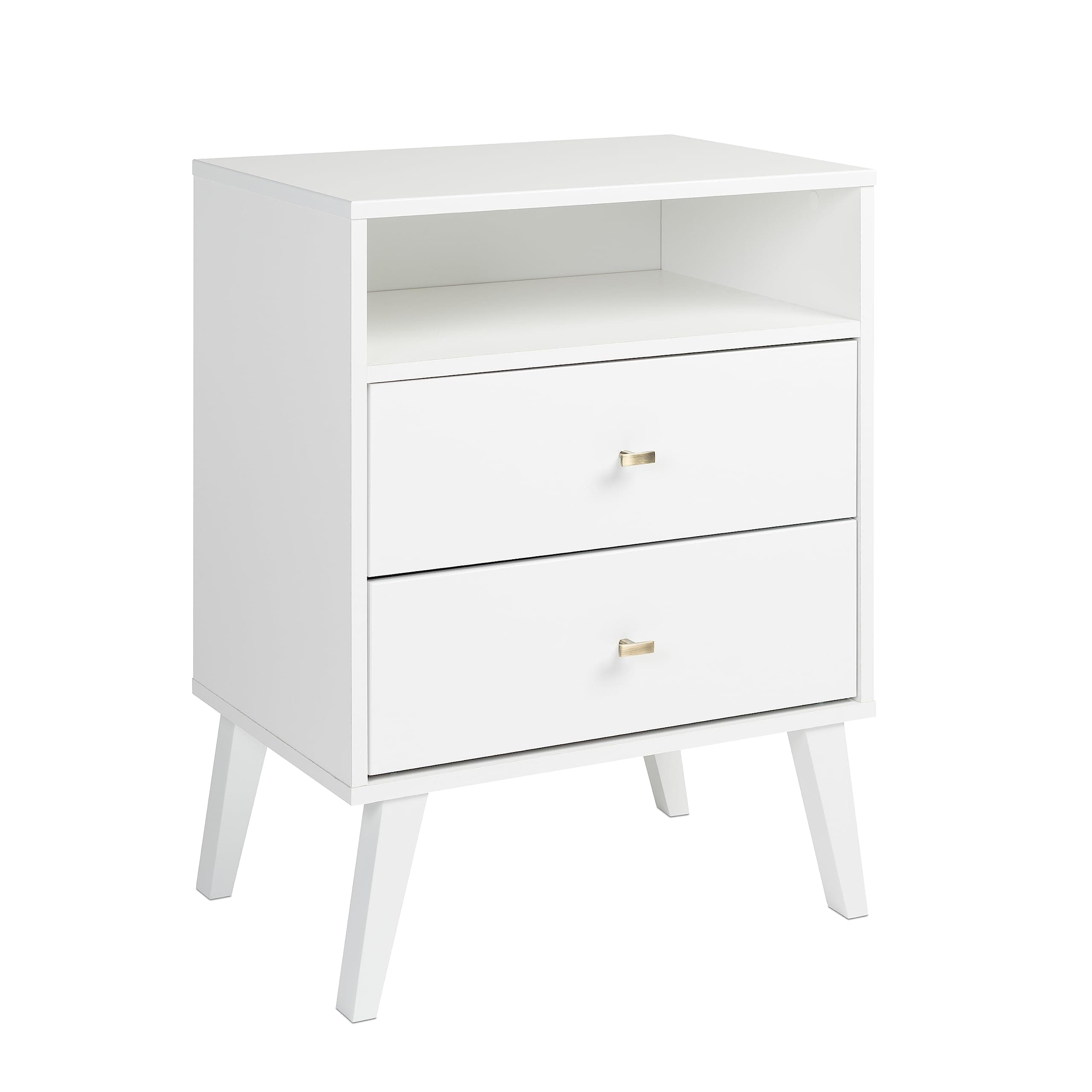 Milo Mid-Century Modern 2 Drawer Nightstand with Open Shelf, Bedside Table, Contemporary Bedroom Furniture, 16"D x 22.5"W x 29.5"H, White