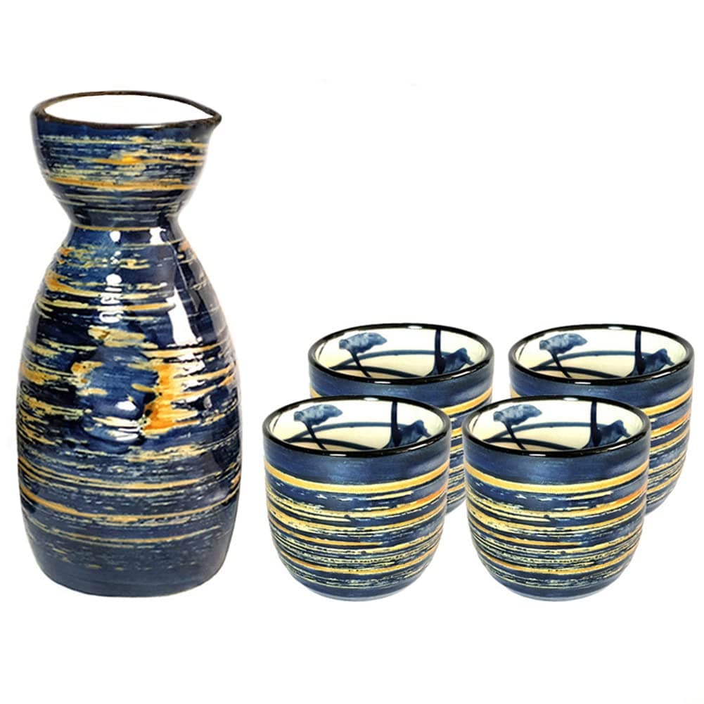 Sake Set Blue Japanese Sake Cup Set Traditional Hand Painted Design Porcelain Pottery Ceramic Cups Crafts Wine Glasses 5 Piece (Blue Wise)