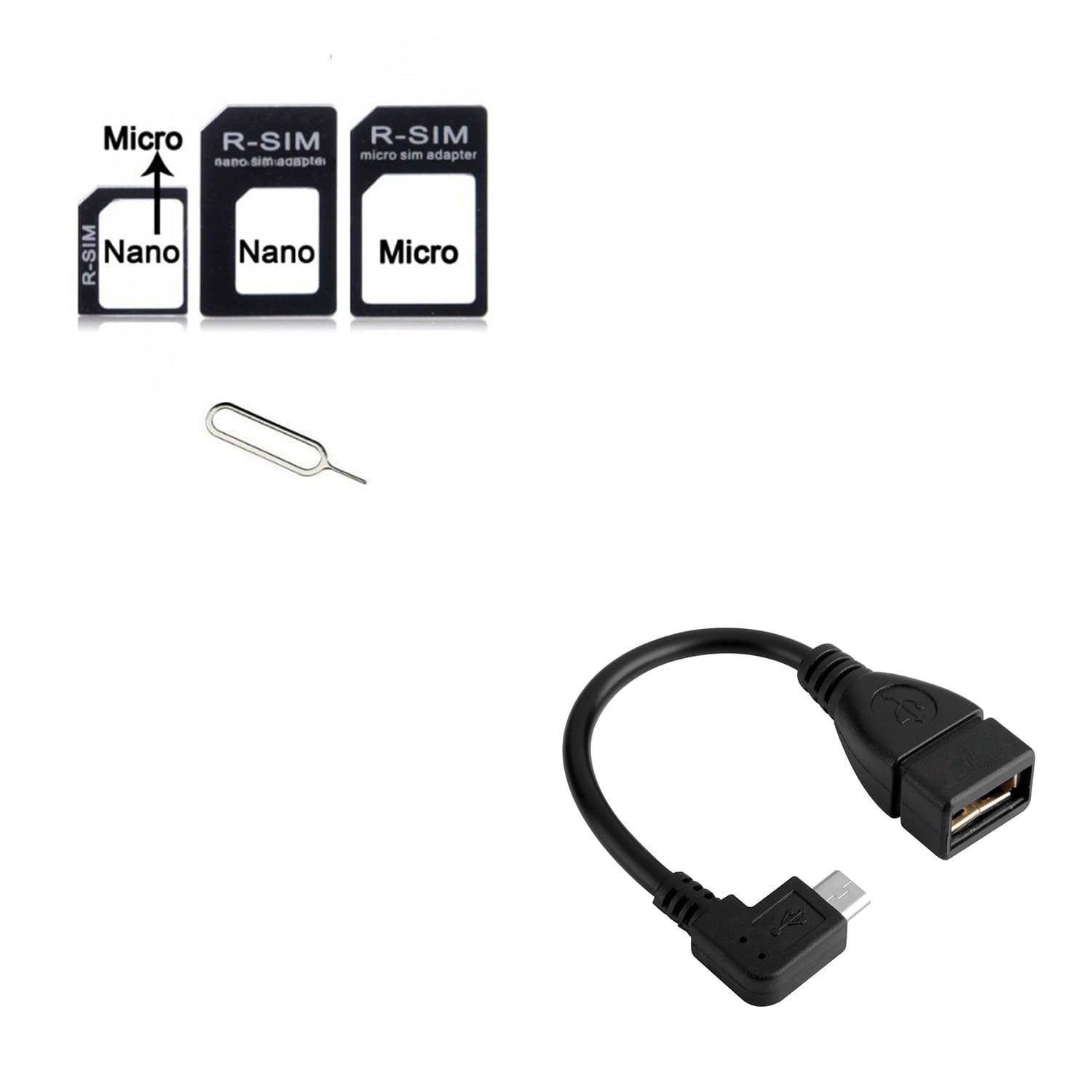 Combo-SIM CARD Adapter Nano to Micro-Nano to Regular-Micro to Regular With eject pin - Black &5Pin Micro USB Male to Female 90Degree Angle Adapter Converter Cable