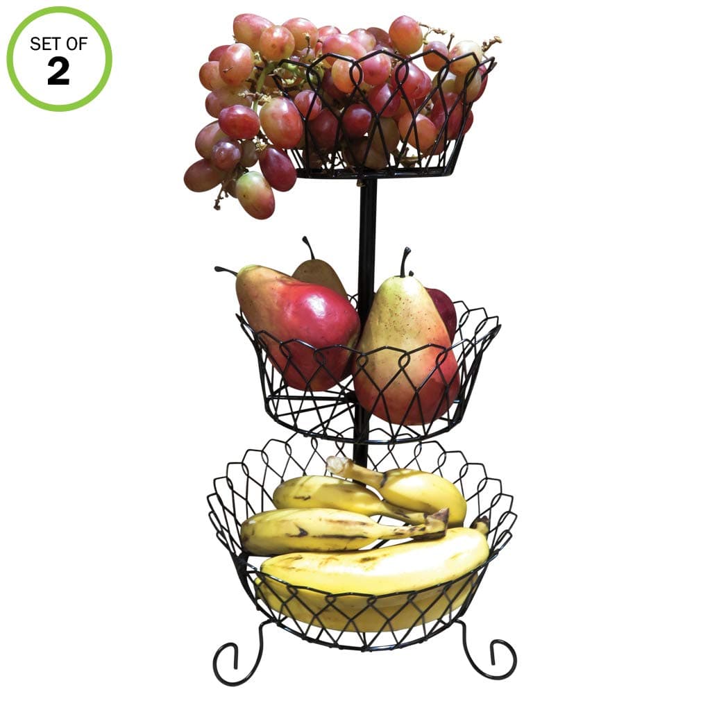 Evelots Tall Fruit Basket/Stand Countertop Kitchen Organizer, 3 Tier Black-Set/2