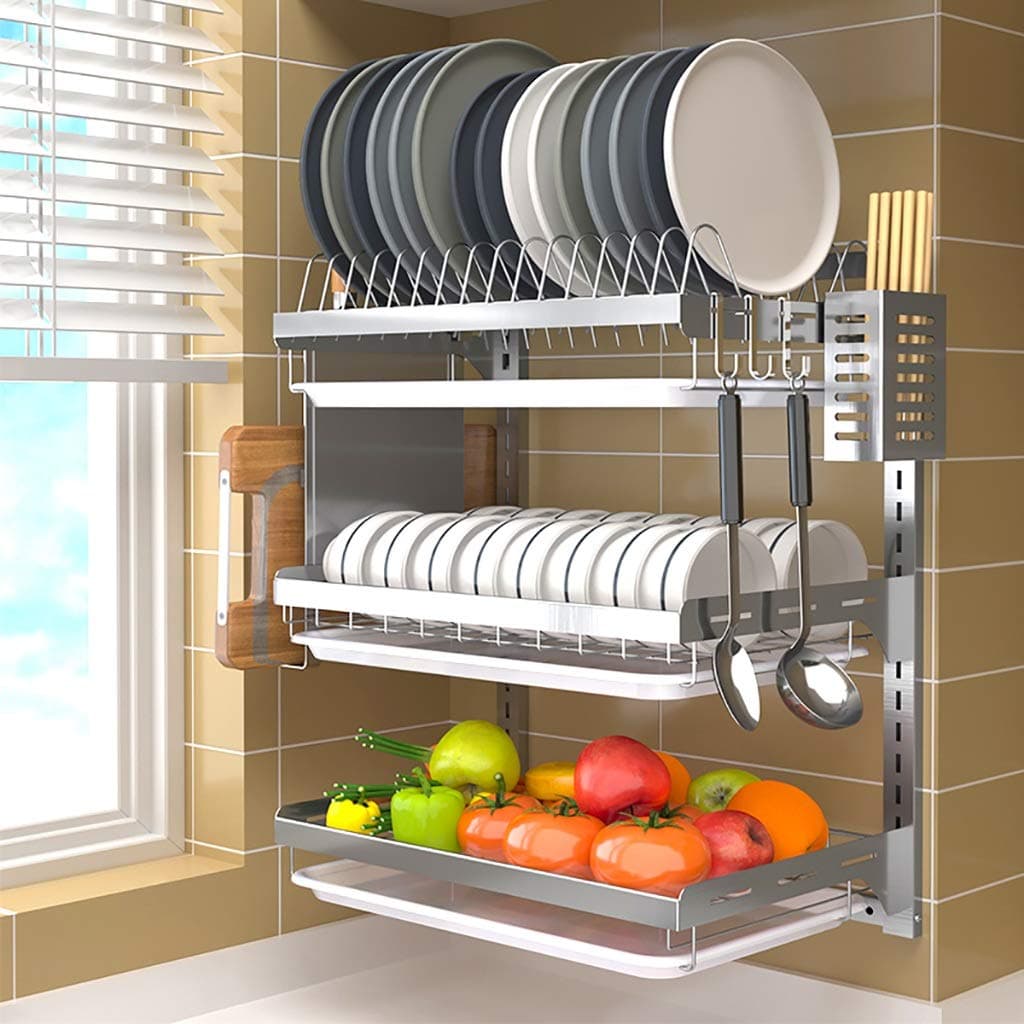 Kitchen Wall-mounted Stainless Steel Dish Rack Drain Rack With Drain Pan Perforated Installation - 2 Layers / 3 Layers. (Size : 3 layers-High21.9in)