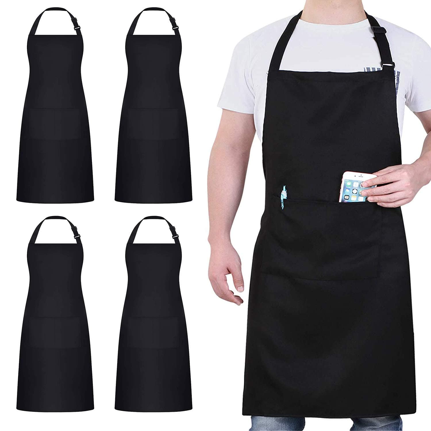 4 Pack Chef Aprons, Black Apron with 2 Pockets, Waterproof Adjustable Apron for Men, Women, Professional Kitchen Apron for Kitchen, Gardening, Restaurant, Barbecue, Coffee