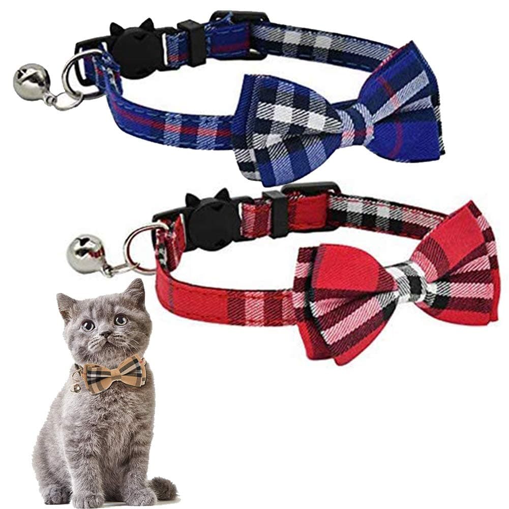 kingkindsun Personalised Quick Release Cat Collar with Bell and Bow Tie, Cute Plaid Patterns, 2 Pack Safety cat Collars(Blue+Red)