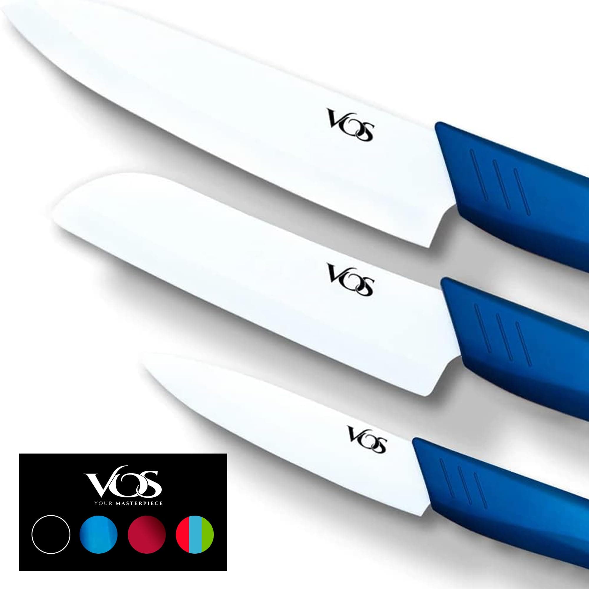 Vos Ceramic Knife Set in Elegant Gift Box, Ceramic Knives Set For Kitchen, Ultra Sharp Kitchen Knife Set with Covers, 4" 5" 6" Paring, Santoku & Chef Knife, Lightweight, Dishwasher safe (Blue Handle)