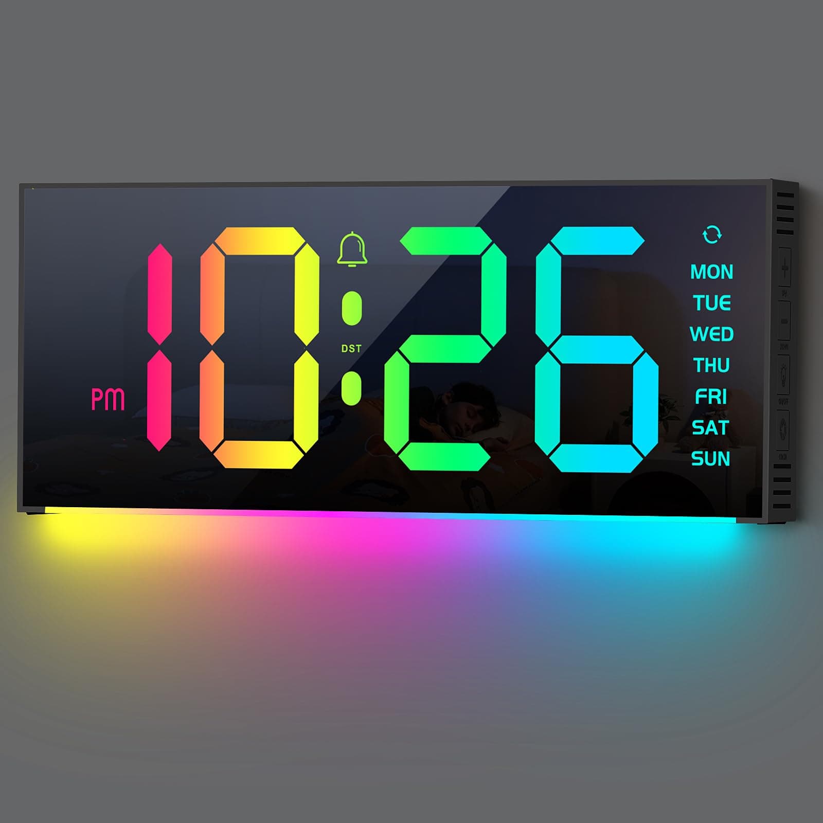 Abovsare Digital Wall Clock Large Display, Alarm Clock with 12 RGB Colors Changing Remote Control, 13" LED Clocks with Night Lights for Living Room Bedroom Office Wall Decor, Black(Adapter Include)