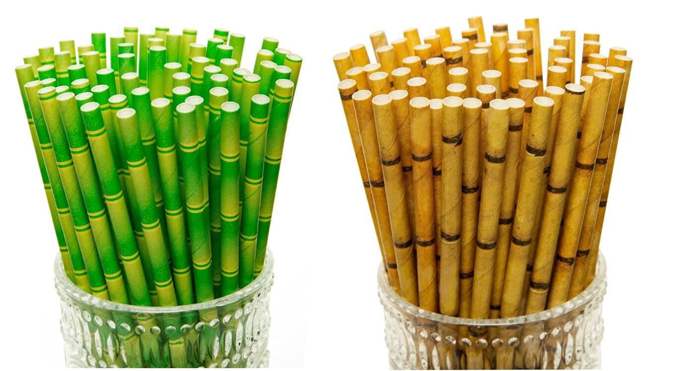 YEHAM 100 Pc 2 Colors Biodegradable Bamboo Print Paper Drinking Straws for Juices Shakes Birthday Wedding Party Supplies