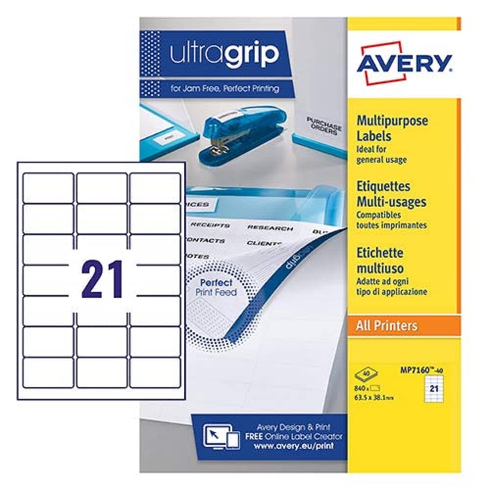 Avery Multipurpose Labels, Customisable, 63.5 x 38.1 mm, White, 21 per Sheet, 840 Blank Labels per Pack, 40 Sheets Blank Printer Label Sheet. (MP7160-40)