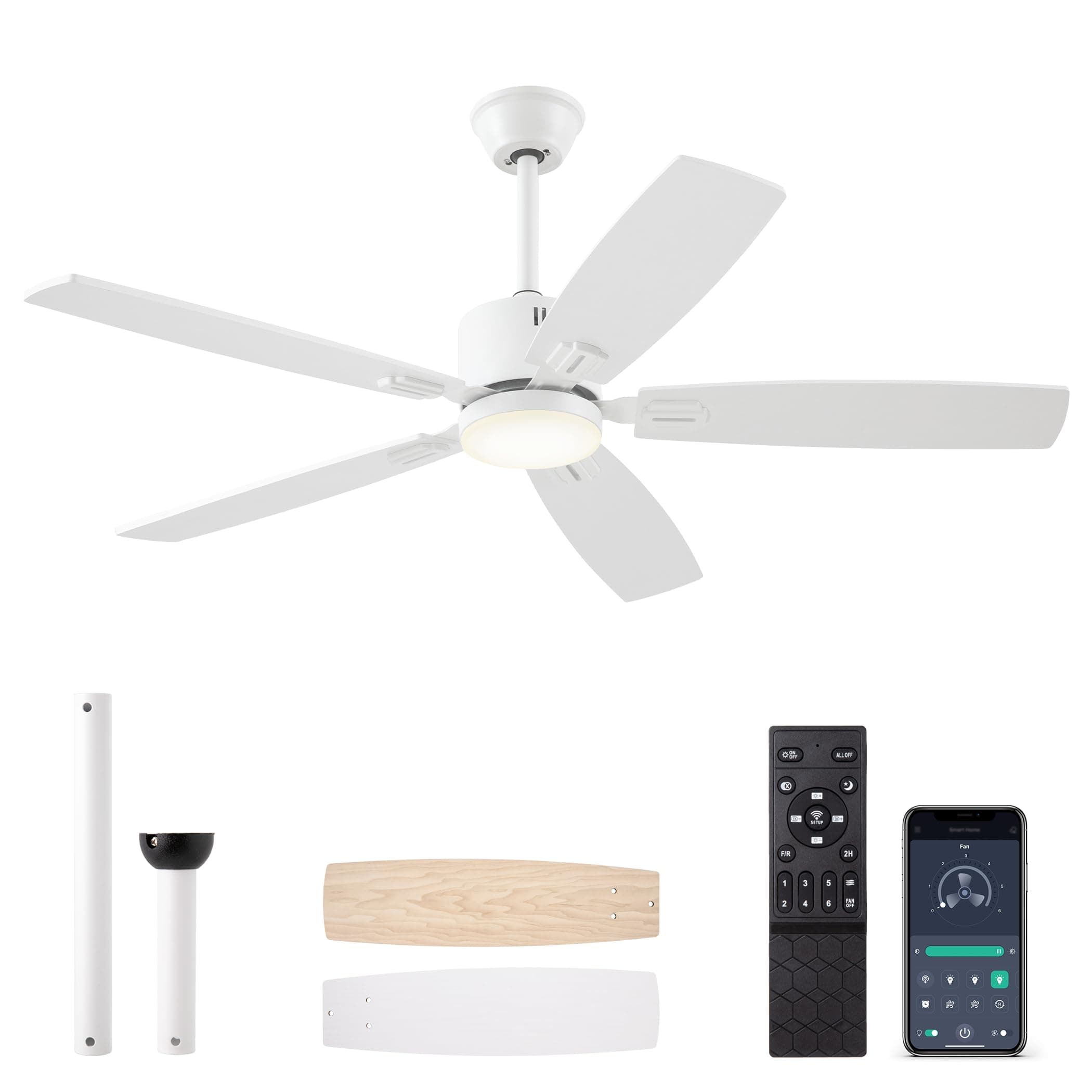 52" Ceiling Fans with Lights, Smart Ceiling Fan with APP and Remote Control, Reversible DC Motor, Noiseless, Stepless Dimmable, Modern Ceiling Fan for Indoor/Outdoor Use, White