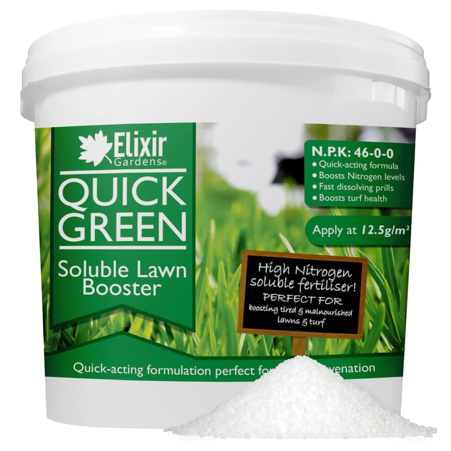 Elixir Gardens Urea 46-0-0 QuickGreen soluble Lawn booster | 1kg 2kg 3kg 4kg 5kg 10kg 15kg 20kg 25kg | High Nitrogen Grass Fertiliser Feed | Supplied in a Bag or Tub | 5kg Tub