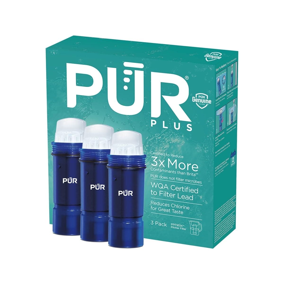 PUR Plus Water Filter Replacement for Pitchers & Dispensers, 6-Month Supply, 3 Count, Blue (PPF951K3)