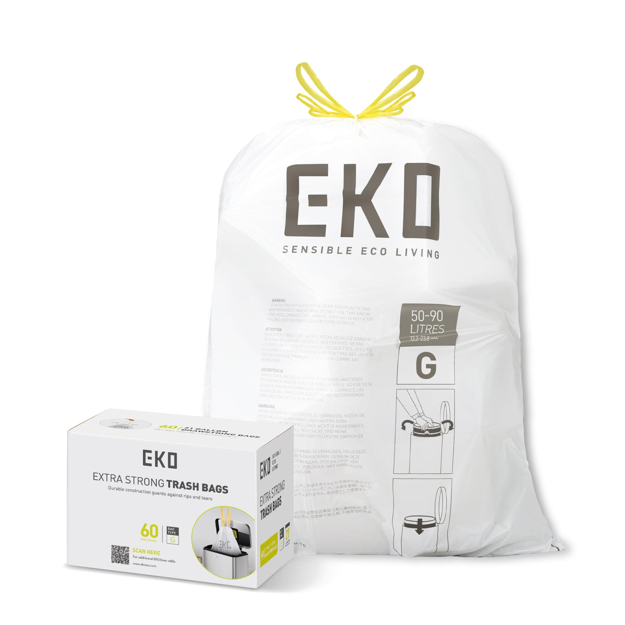 EKO 50-90 Litre Drawstring Bin Bags, Heavy Duty Kitchen Bin Liners for Large Recycling Bins, Leakproof and Tear-Resistant for Waste & Recycling, Unscented Food Waste Bags, 60 Count, Code G, White