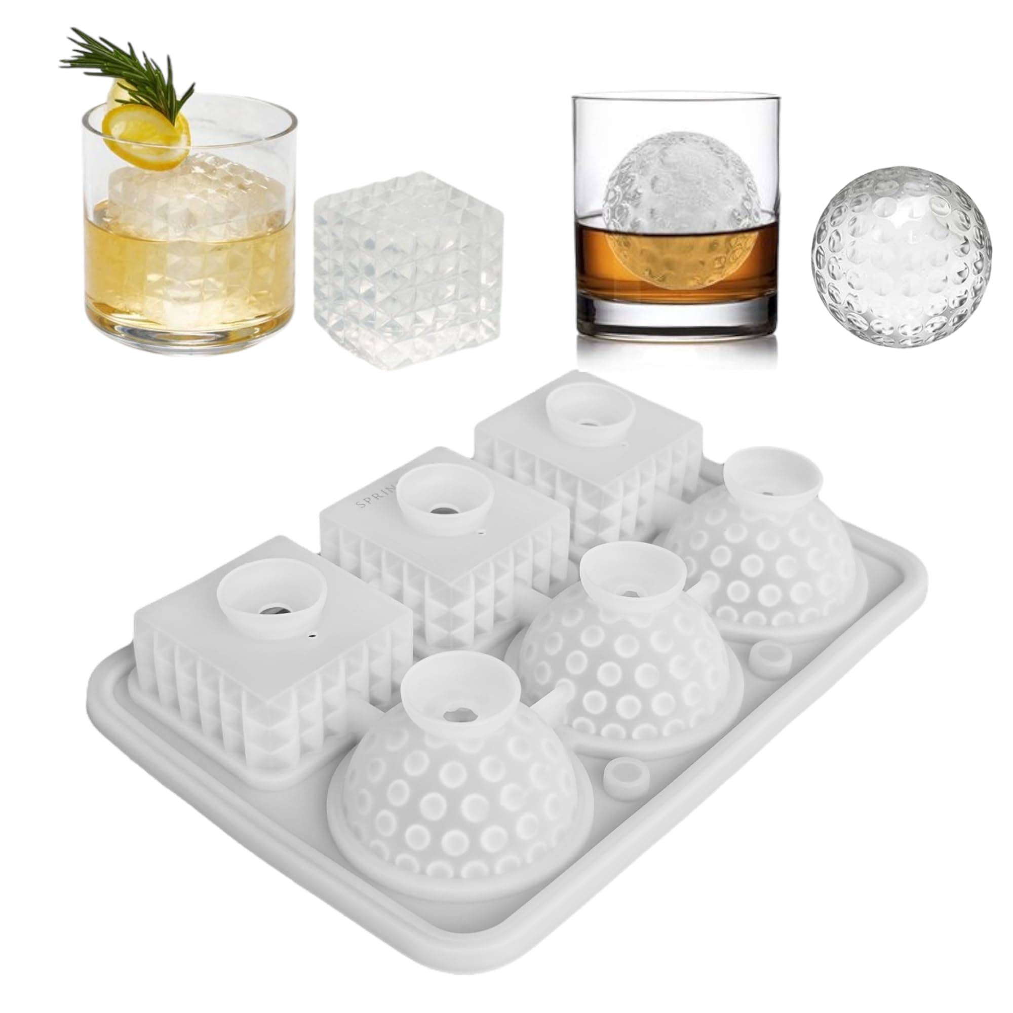 SPRINGWELL Ice Cube Tray, Dual Silicone Ice Tray, 3 Prism Ice Cubes & 3 Golf Sphere Ice Balls. Premium Silicone Ice Mold. Easy Release Ice Cube Mold for Cocktail & Juices. Your Perfect Beverage Cooler