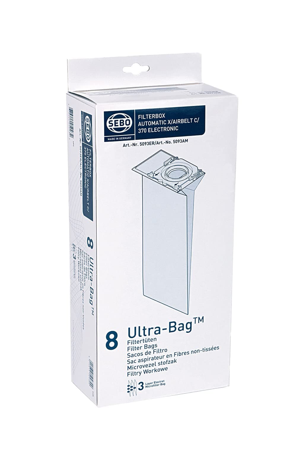 Sebo 5093ER Filter Box for SEBO Automatic X/XP, Airbelt C, 370, G, 3 Ply with Hygiene Lid, 8 Ultra Bags, White