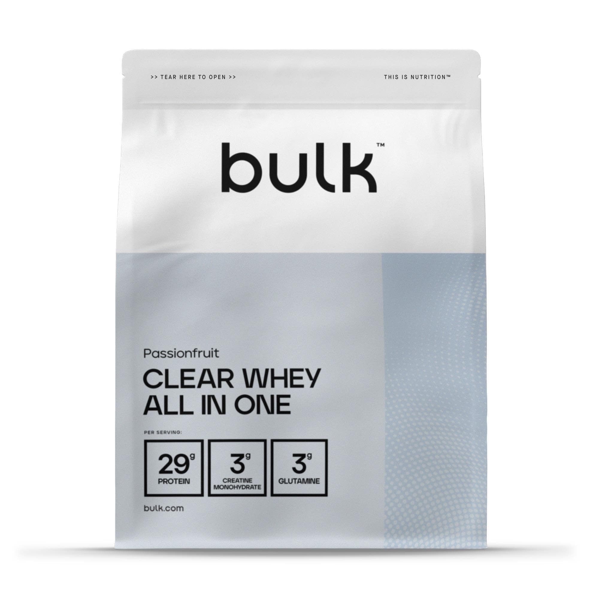 Bulk Clear Whey All in One, Protein Powder Shake With Creatine, Glutamine, BCAA, Carbohydrates, Passion Fruit, 500 g, 10 Servings, Packaging May Vary