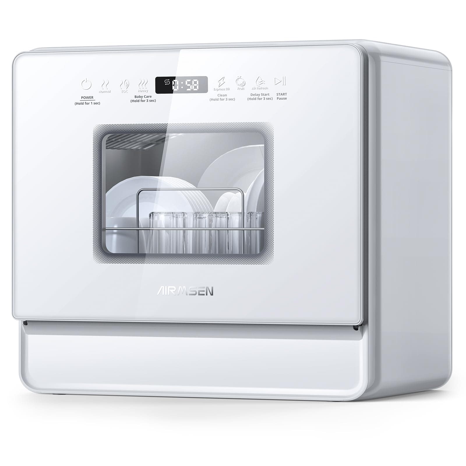 AIRMSEN Countertop Dishwasher Complete 2-Level Rack, Compact Dishwashers with 5.2L Built-in Water Tank, 3-Spray Arms & 12H Delay Start, No Hookup Needed, A01,Glossy