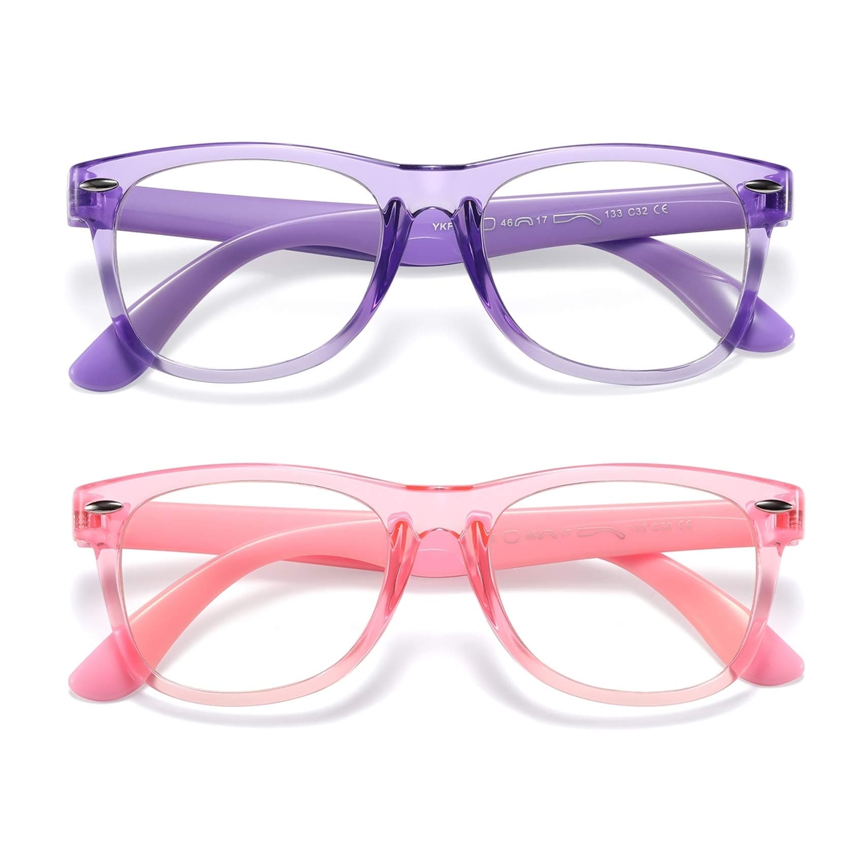 DYLB Kids Blue Light Blocking Glasses Girls Boys 2 Pack, Computer Glasses for Kids Girls Boys Age 3-10,Anti Blue Light & Headache (Transparent Purple + Transparent Pink)