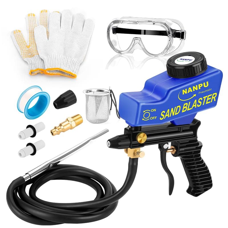 Light-Duty Air Sandblaster Gun Kit with Siphon & Gravity Feed, Ceramic Nozzle, Metal Body, for Small Project Surface Prep, Paint & Rust Removal, Metal/Wood/Glass Etching, Requires Air Compressor