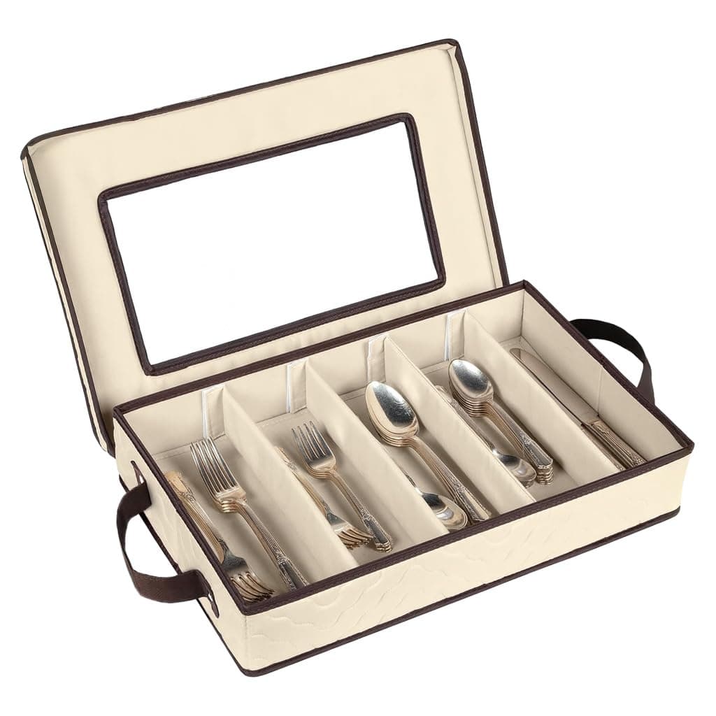 Flatware Storage Case - Durable 5 Compartment Silverware Storage Container Box with Removable Lid and Easy to Carry Handles - Large Capacity Keeps Your Cutlery Organized & Protected - Beige
